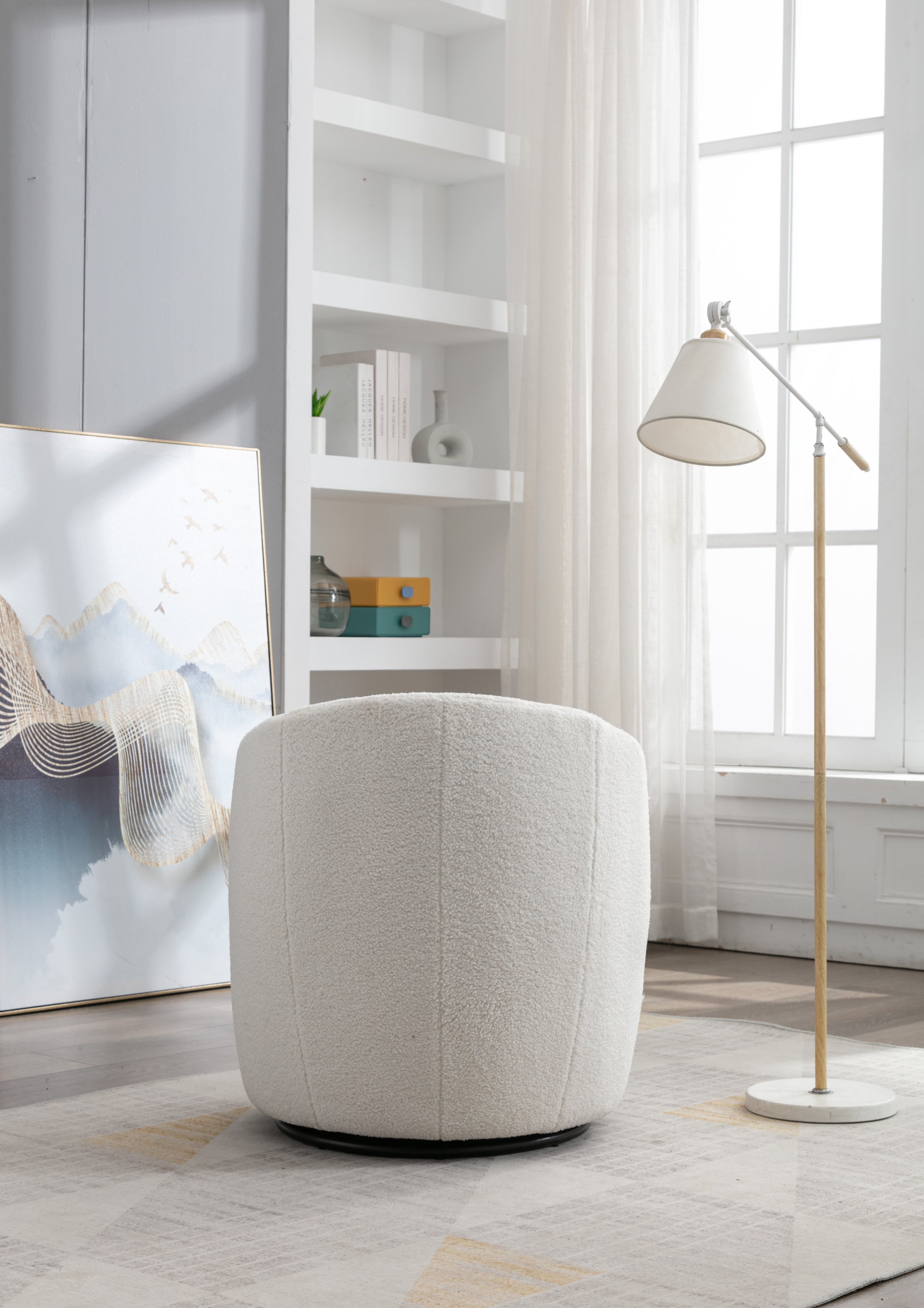 HAOYYE Teddy Fabric Swivel Accent Armchair Barrel Chair With Black Powder Coating Metal Ring,Ivory White Sturdy Space-Saving Heavy Duty Modern Design Easy Assembly Durable Stylish Home Furniture Versatile