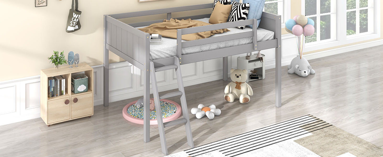 HAOYYE Twin Size Wood Low Loft Bed with Ladder, ladder can be placed on the left or right, Gray Sturdy Space-Saving Heavy Duty Modern Design Adults Dorm Room Easy Assembly Bedroom Furniture