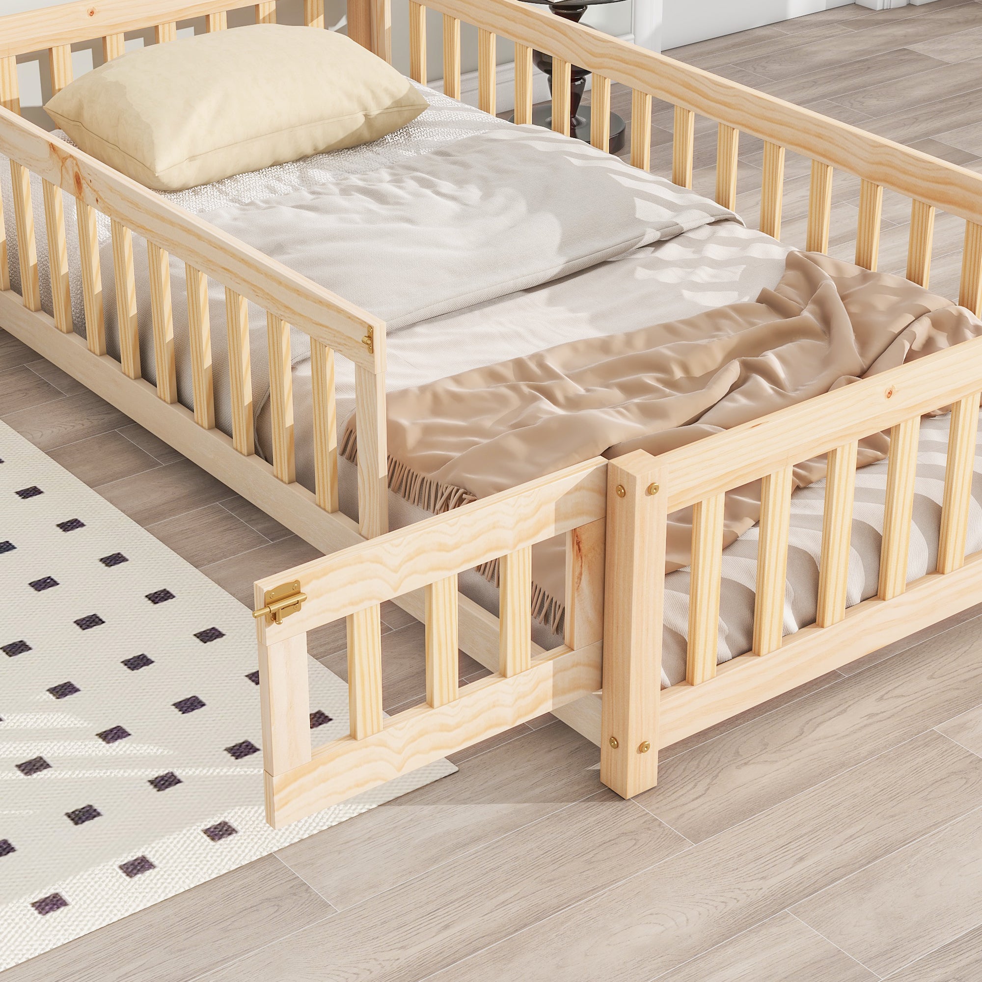 HAOYYE Twin House-Shaped Headboard Floor Bed with Fence ,Natural Sturdy Space-Saving Heavy Duty Modern Design Adults Dorm Room Easy Assembly Bedroom Furniture