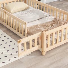HAOYYE Twin House-Shaped Headboard Floor Bed with Fence ,Natural Sturdy Space-Saving Heavy Duty Modern Design Adults Dorm Room Easy Assembly Bedroom Furniture
