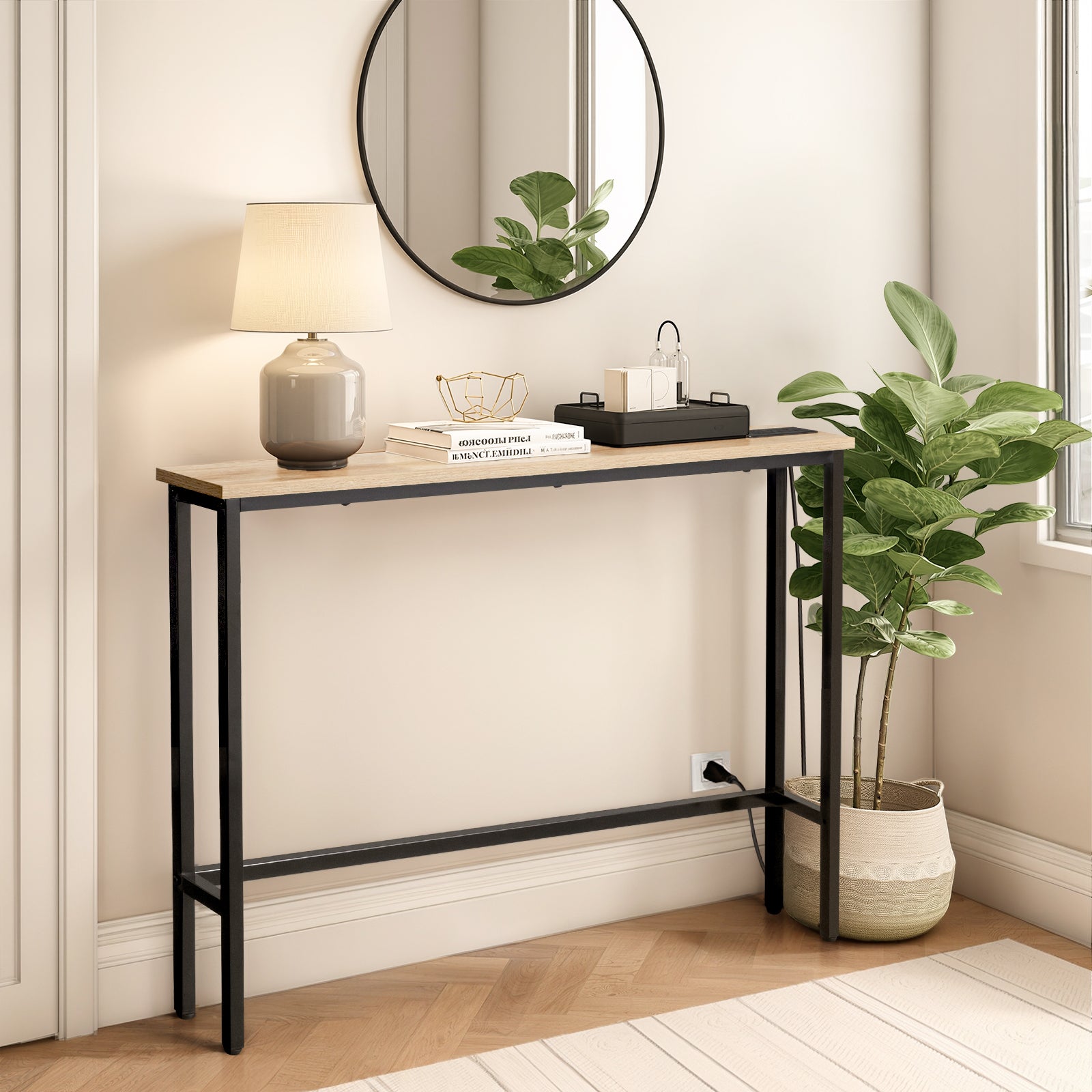 HAOYYE Oak Narrow Console Sofa Table With Built-In Power Outlets And USB Ports, Skinny Couch Table With Metal Frame And Charging Station With Extension Cord, Space Saving Sofa Table For Apartments Dorms And Living Rooms