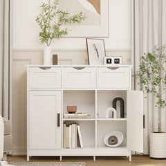 HAOYYE Storage Cabinet With Drawers And Shelves, White Wooden Floor Cabinet, Accent Cabinet For Living Room, Bedroom, Or Bathroom, Sturdy Modern Space-Saving Heavy Duty Design