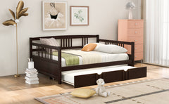HAOYYE Full Size Daybed Wood Bed with Twin Size Trundle,Espresso Sturdy Space-Saving Heavy Duty Modern Design Adults Dorm Room Easy Assembly Bedroom Furniture