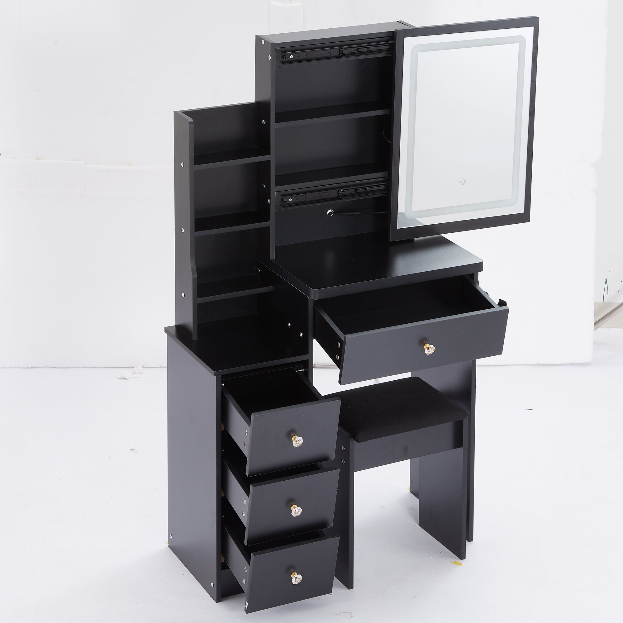 HAOYYE Small Size Left Bedside Cabinet Vanity Table + Cushioned Stool, 2 AC+2 USB Power Station, Hair dryer bracket, Extra Large Touch Control Sliding LED Mirror, Tri-color Switching, EPA,GCC,UL Certificate