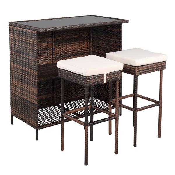 HAOYYE Bar Table and Stool Set Brown Gradient 3 Piece Rattan Pub Bistro Set with 2 Bar Stools and 1 Bar Table Removable Wicker Patio Furniture with Iron Frame for Balcony Garden Porch Lounge