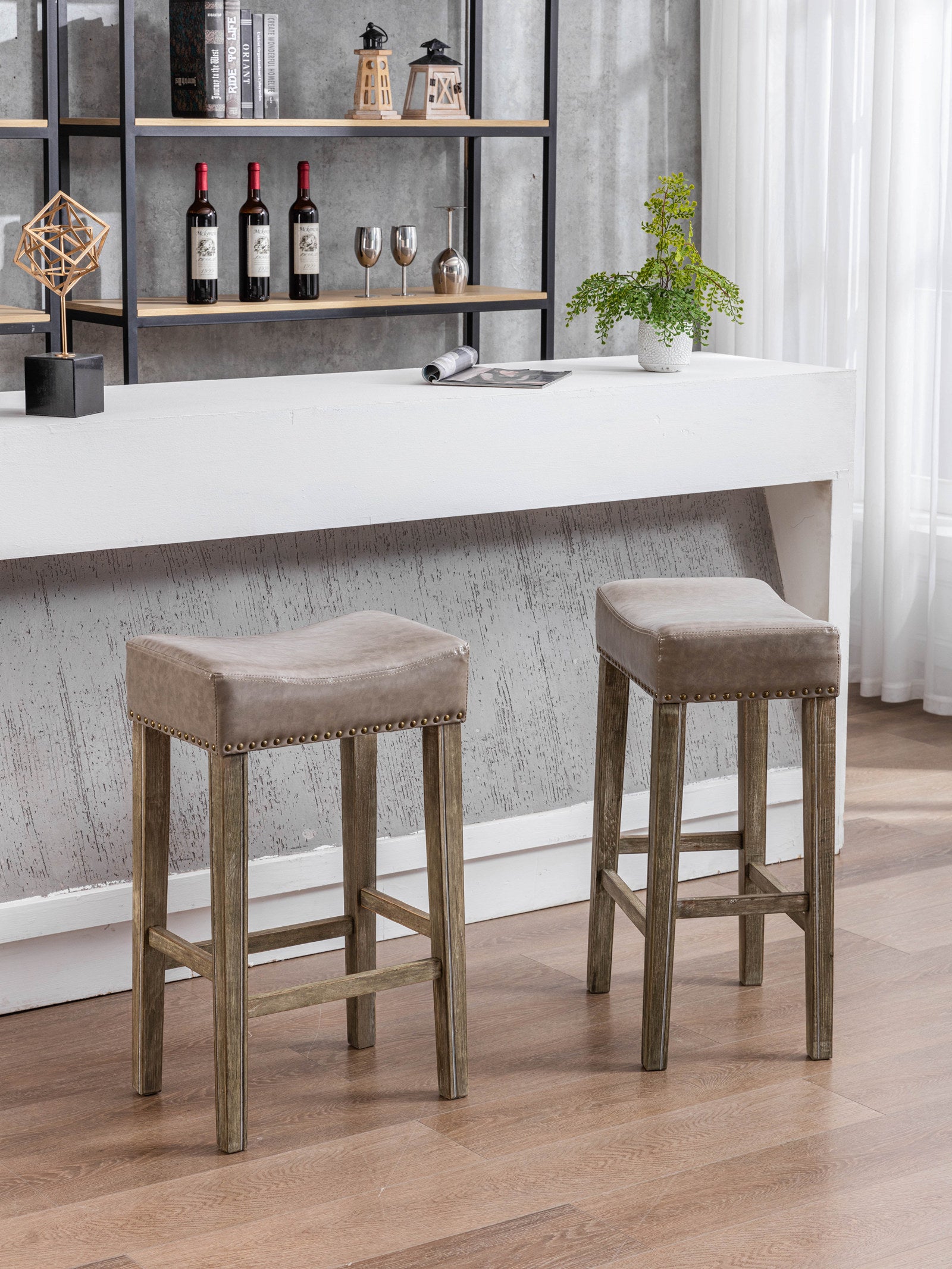 Haoyye Counter Height Bar Stools, Set of 2 Backless Faux Leather Farmhouse Island Chairs for Kitchen or Dining Area, Modern Space-Saving Sturdy Design for Breakfast Bar, Pub, Cafe or Home Use, Comfortable and Easy to Assemble Seating