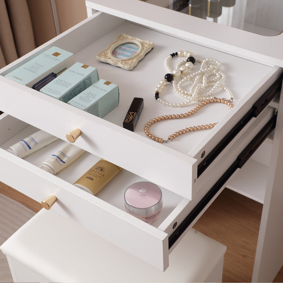 HAOYYE Vanity Desk With Lighted Mirror, Makeup Table With Drawers And Storage Cabinet, Glass Desktop, Adjustable Brightness, Storage Stool, Modern White Design For Bedroom, Sturdy Space-Saving Construction