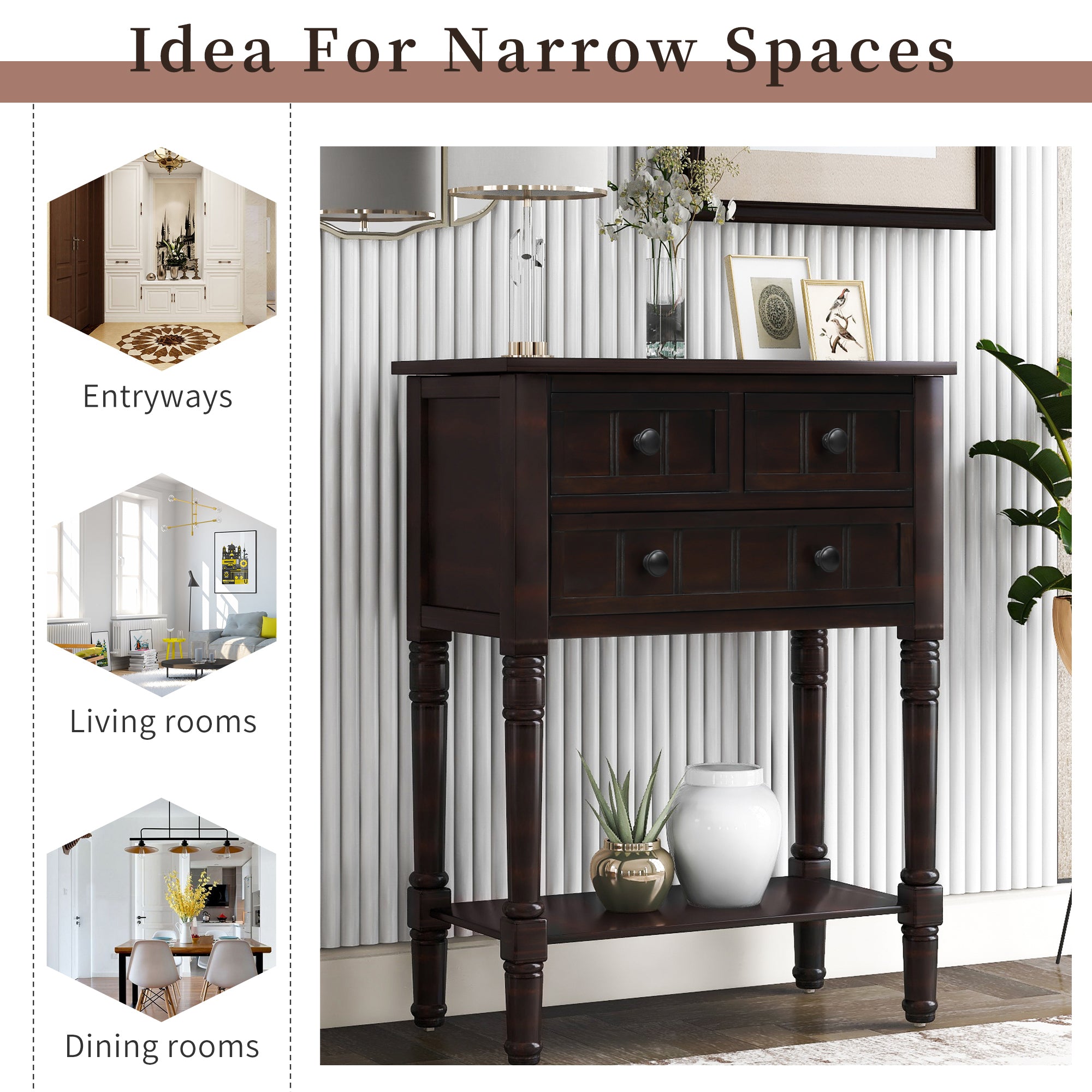 HAOYYE Narrow Console Table, Slim Sofa Table with Three Storage Drawers and Bottom Shelf for Living Room, Espresso, Sturdy Space-Saving Design, Heavy Duty Construction, Easy Assembly, Durable and Stylish Home Furniture, Versatile for Hallway or Entryway