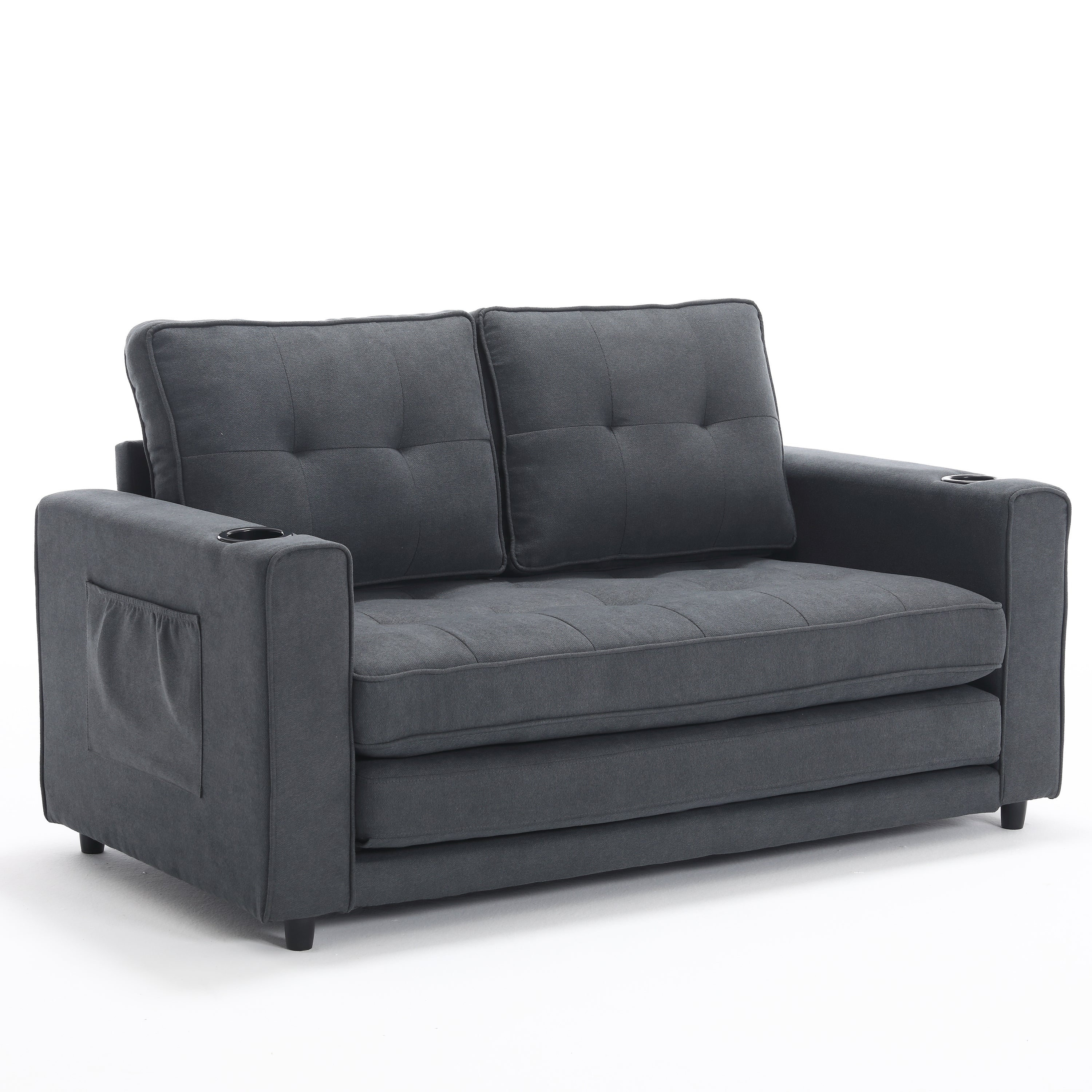 HAOYYE 3-in-1 Upholstered Convertible Futon Sofa Bed, Foldable Tufted Loveseat with Pull-Out Sleeper, Daybed with Side Pockets and Cup Holder, Dark Gray Sturdy Space-Saving Modern Design Easy Assembly