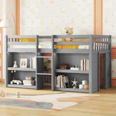 HAOYYE Twin Size Kid Low Loft Bed With Two-Tier Shelves And LED Light For Grey Color Sturdy Space-Saving Heavy Duty Modern Design Adults Dorm Room Easy Assembly Bedroom Furniture