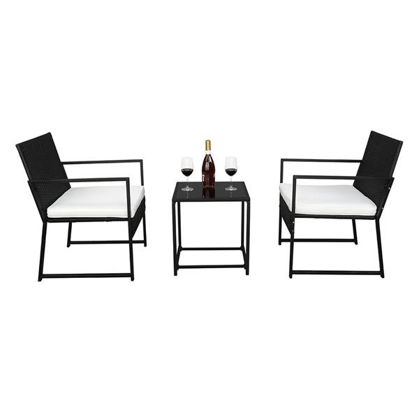 HAOYYE Outdoor Wicker Patio Furniture Set Black Rattan 3 Piece Conversation Set with 2 Exposed Frame Flat Chairs and 1 Coffee Table Durable PE Woven Bistro Set with Iron Frame for Balcony Garden Lounge