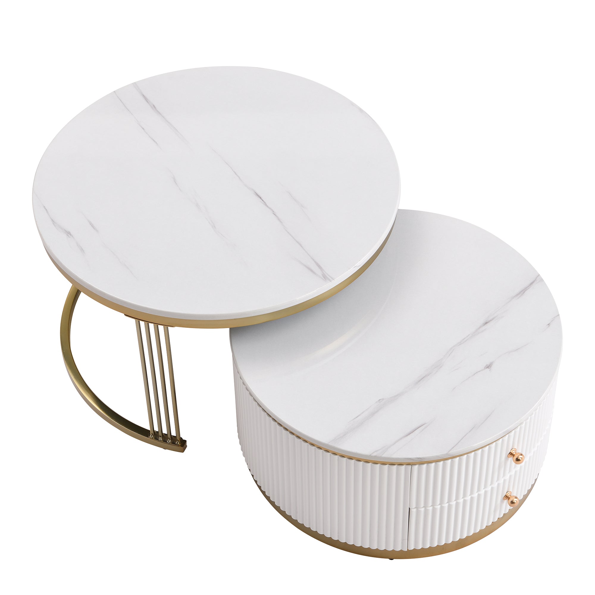 HAOYYE Modern 2-Piece White Round Nesting Coffee Table with Drawers, Sturdy and Space-Saving Design, Heavy Duty Construction, Ideal for Living Room, Bedroom, and Dorm Rooms, Easy Assembly for Adults