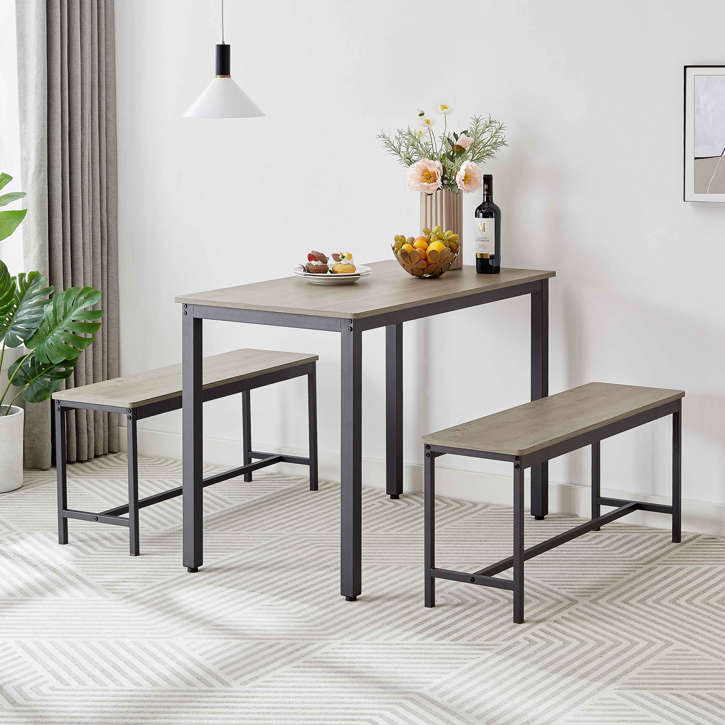 HAOYYE Industrial Dining Table Set with 2 Dining Benches, Modern Bar Table with Chairs for Kitchen, Breakfast Nook, Living Room, and Party Room, Grey and Black Finish, Sturdy Construction for Everyday Use