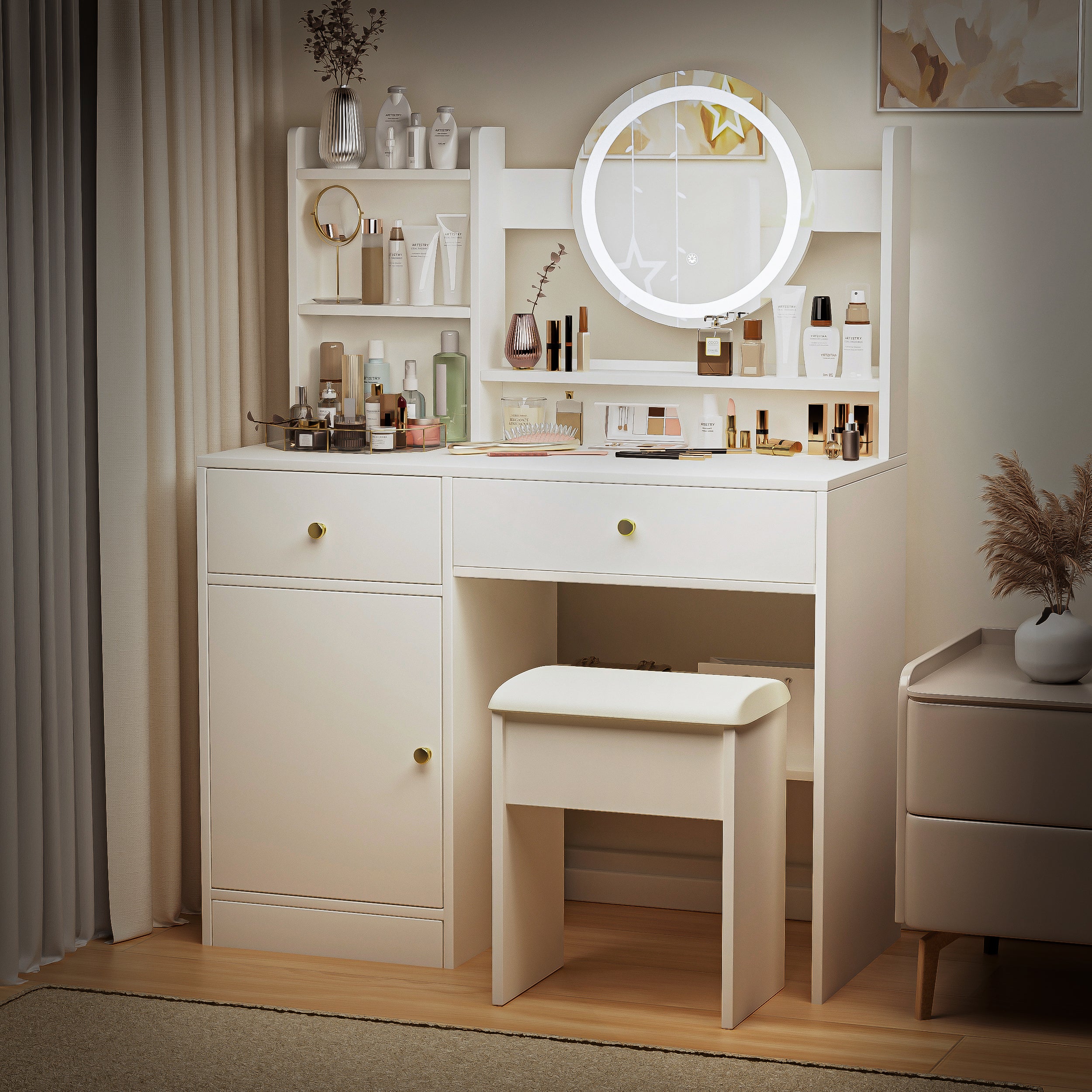 HAOYYE Fashion Vanity Desk with Mirror and Lights for Makeup and Cushioned Chair, Vanity Mirror with Lights and Table Set with 3 Color Lighting Brightness Adjustable,Dressing table, White Color Sturdy