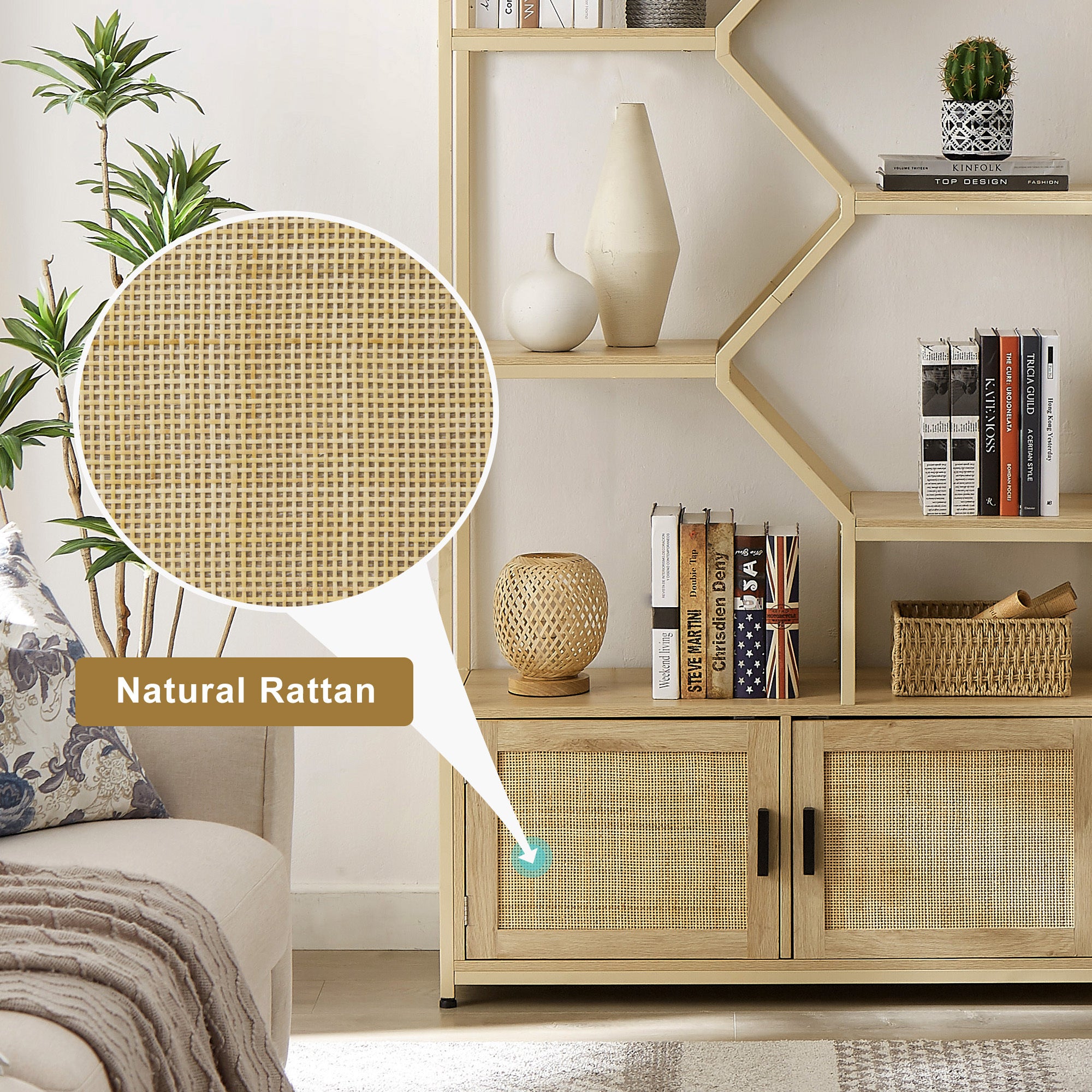 HAOYYE Rattan bookshelf 7 tiers Bookcases Storage Rack with cabinet for Living Room Home Office, Natural, 39.4'' W x 13.8'' D x 75.6'' H. Sturdy Space-Saving Heavy Duty Modern Design Adults Dorm Room