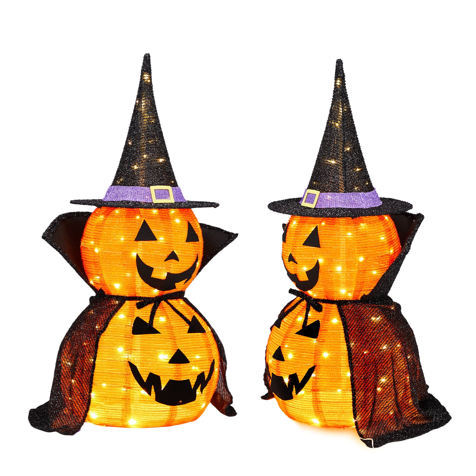 HAOYYE Black Halloween Pumpkin Decorations 2-Pack Collapsible Lighted Jack-O-Lanterns with 176 Warm LED Lights, Metal Frame Pop-Up Pumpkin Lamps with Wizard Capes for Indoor Outdoor Garden Patio Party Decor