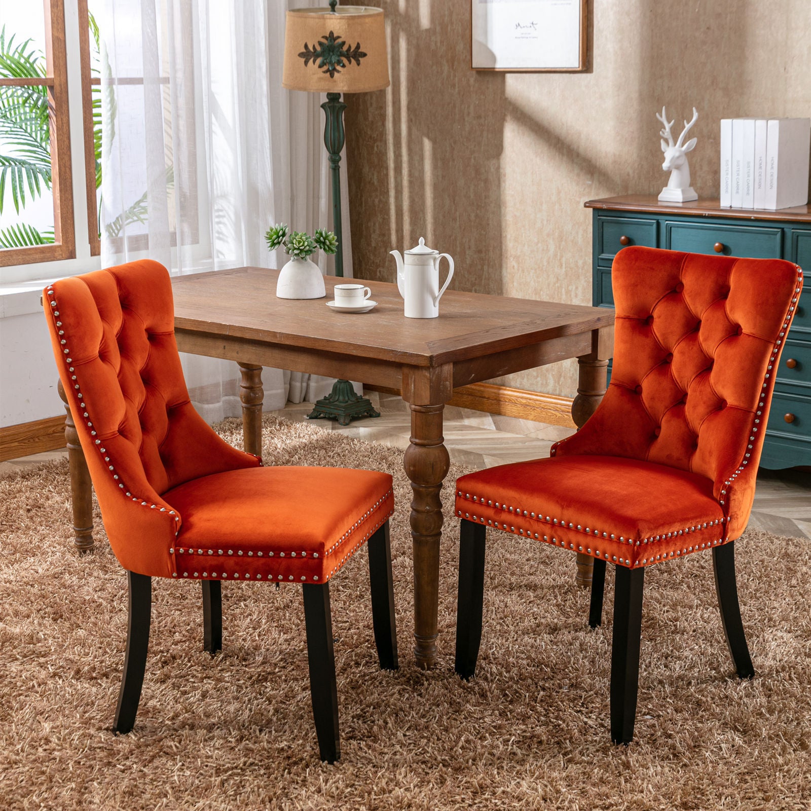 HAOYYE High-end Tufted Solid Wood Contemporary Velvet Upholstered Dining Chair with Wood Legs Nailhead Trim 2-Pcs Set, Orange, SW2001OG Sturdy Space-Saving Heavy Duty Modern Design