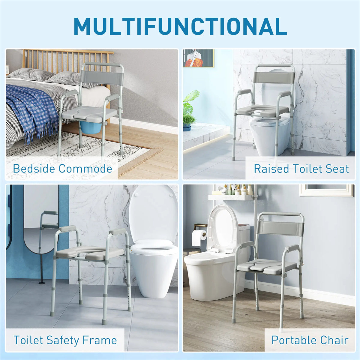 HAOYYE Grey Multi-Functional Portable Toilet Chair With Adjustable Height, Lightweight Foldable Commode Chair for Bathroom, Shower, and Elderly Assistance, Durable Steel Frame and Comfortable Padded Seat for Easy Mobility and Hygiene