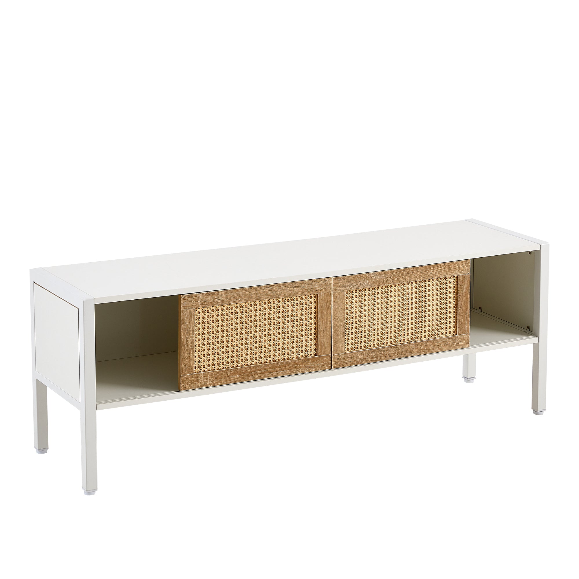 HAOYYE Rattan TV Cabinet with Adjustable Shelf and Variable Color Light Strip, Double Sliding Doors for Storage, Metal Legs, Durable and Space-Saving, Modern TV Console for Living Room, White