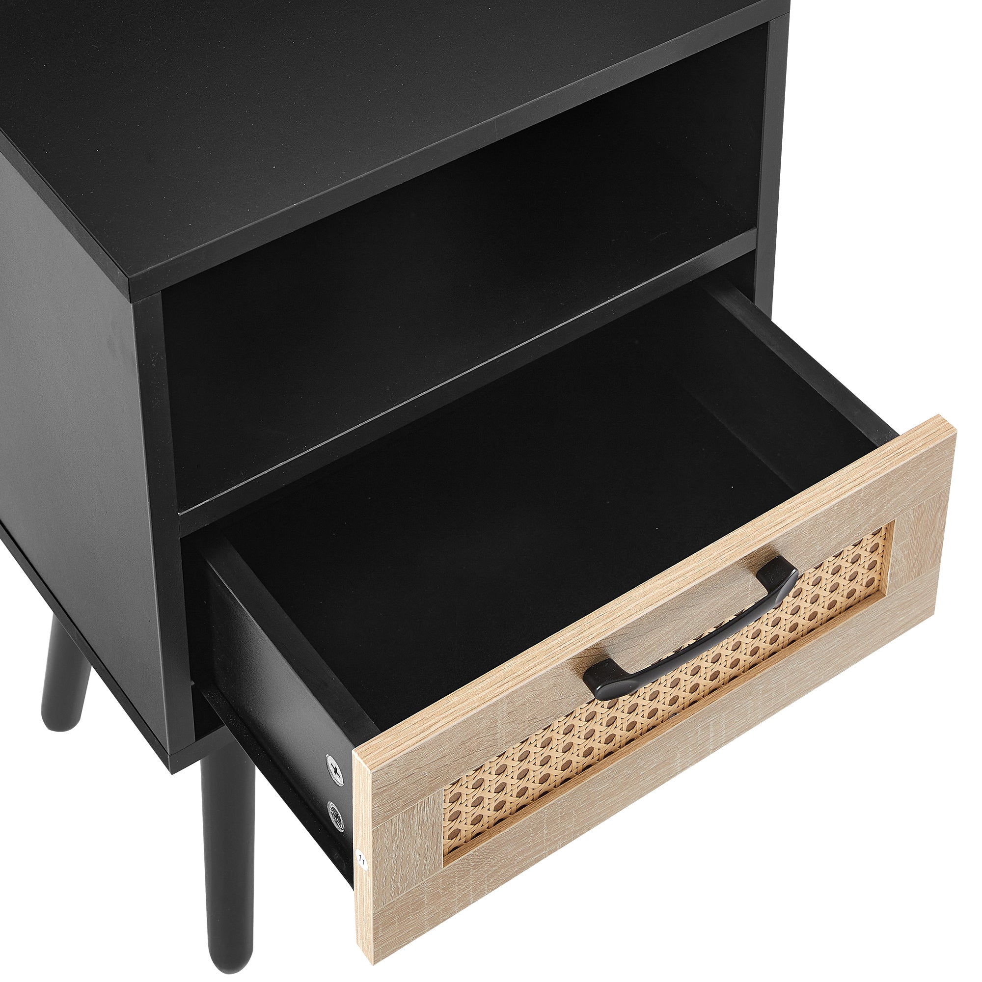 HAOYYE Rattan End Table with Drawer and Solid Wood Legs, Modern Nightstand, Side Table for Living Room, Bedroom, Black, Sturdy and Space-Saving Design, Heavy Duty Construction, Easy Assembly for Adults and Dorm Rooms