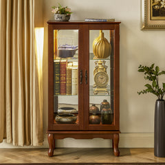 HAOYYE Lighted Curio Cabinet With Adjustable Shelves, Mirrored Back Panel, Tempered Glass Doors, Walnut Finish, 3 Tier Sturdy Space-Saving Heavy Duty Display Case For Living Room, Dining Room, Office