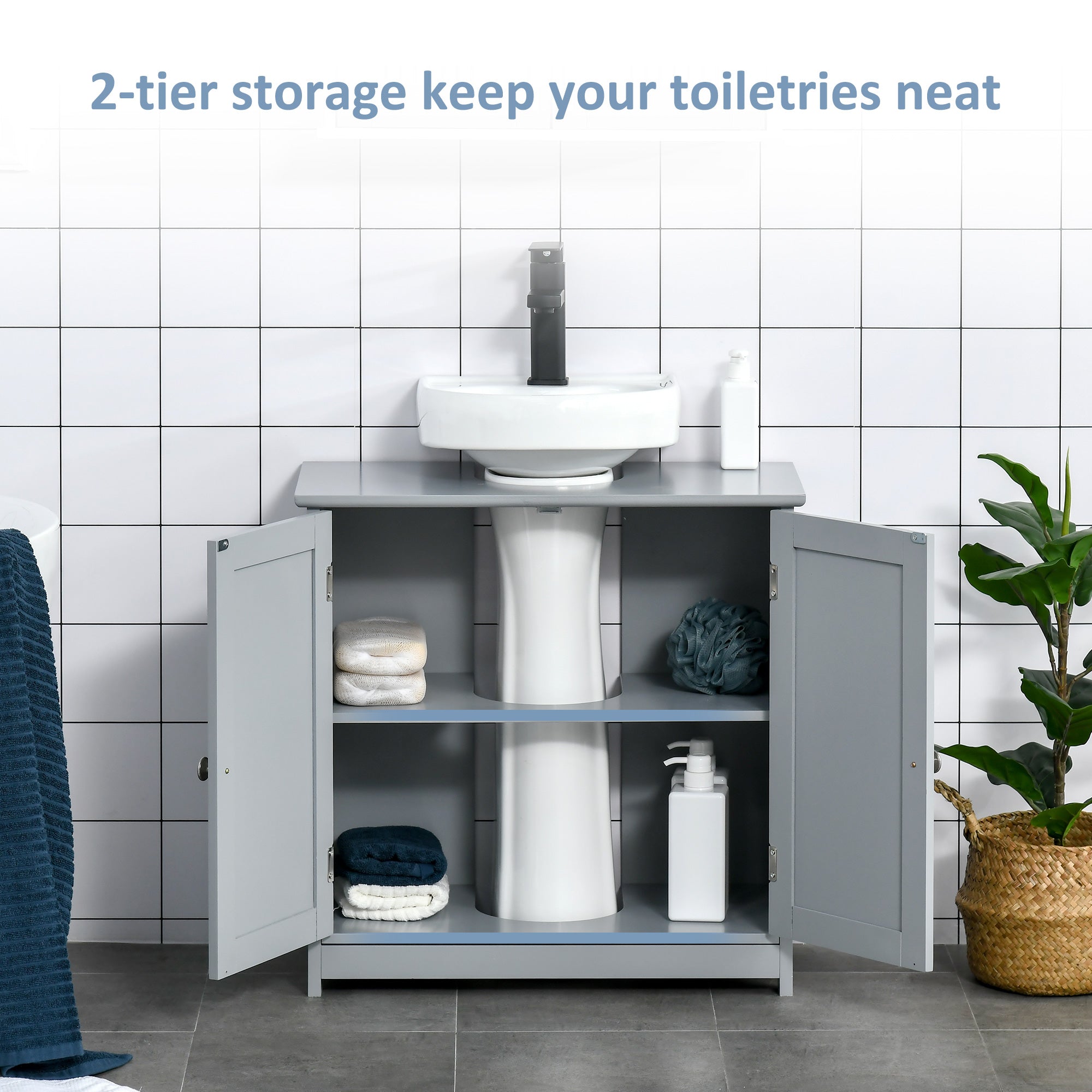 HAOYYE Bathroom Storage Cabinet with Adjustable Shelf and U Shaped Cut Out for Under Sink, Freestanding Wooden Cabinet with Door for Bathroom Organizer, Modern Space Saving Floor Cabinet for Home and Apartment
