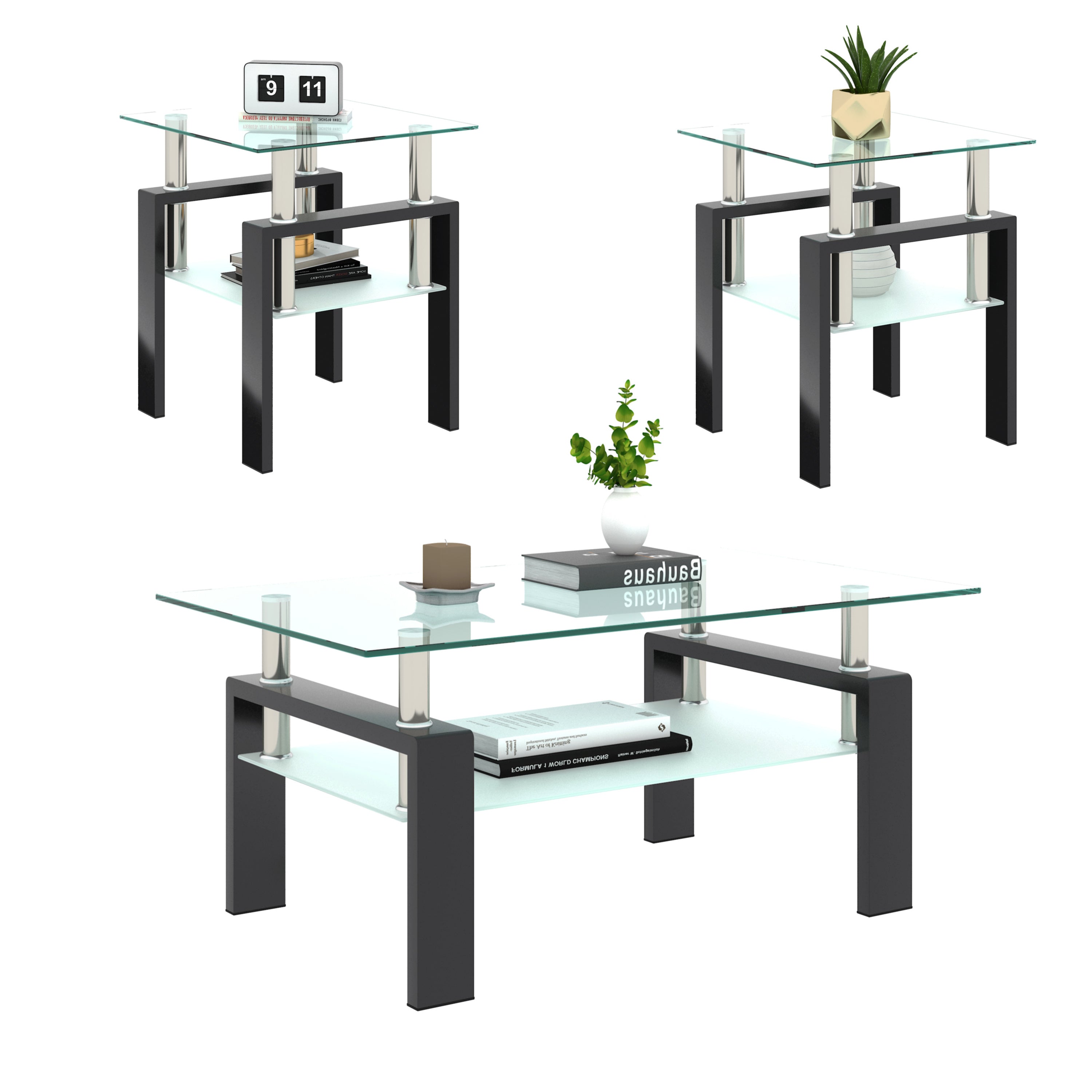 HAOYYE Set of 2, Modern Tempered Glass Tea Table Coffee Table End Table, Square Table for Living Room, Transparent/Black Sturdy Space-Saving Heavy Duty Modern Design Adults Dorm Room Easy Assembly