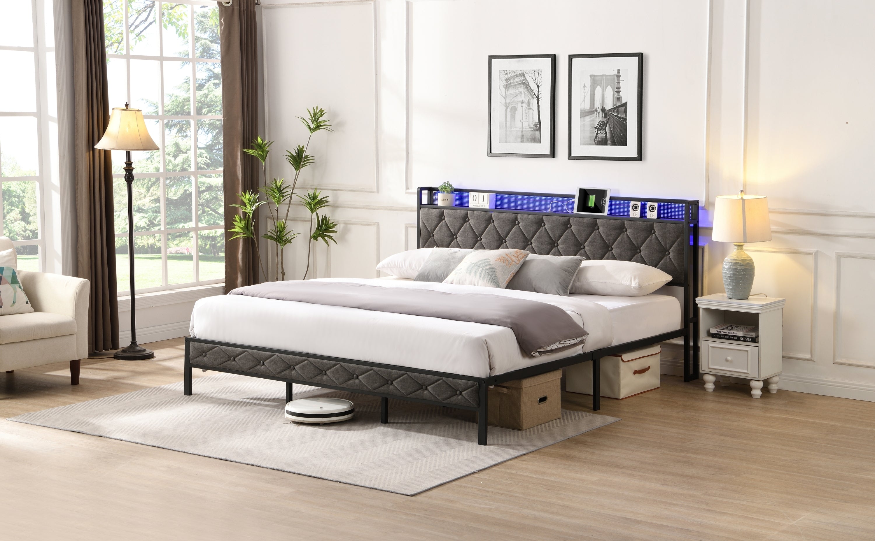 HAOYYE King Bed Frame with Storage Headboard, Charging Station and LED Lights, Upholstered Platform Bed with Heavy Metal Slats, No Box Spring Needed, Noise Free, Easy Assembly, Dark Gray Sturdy Space-Saving