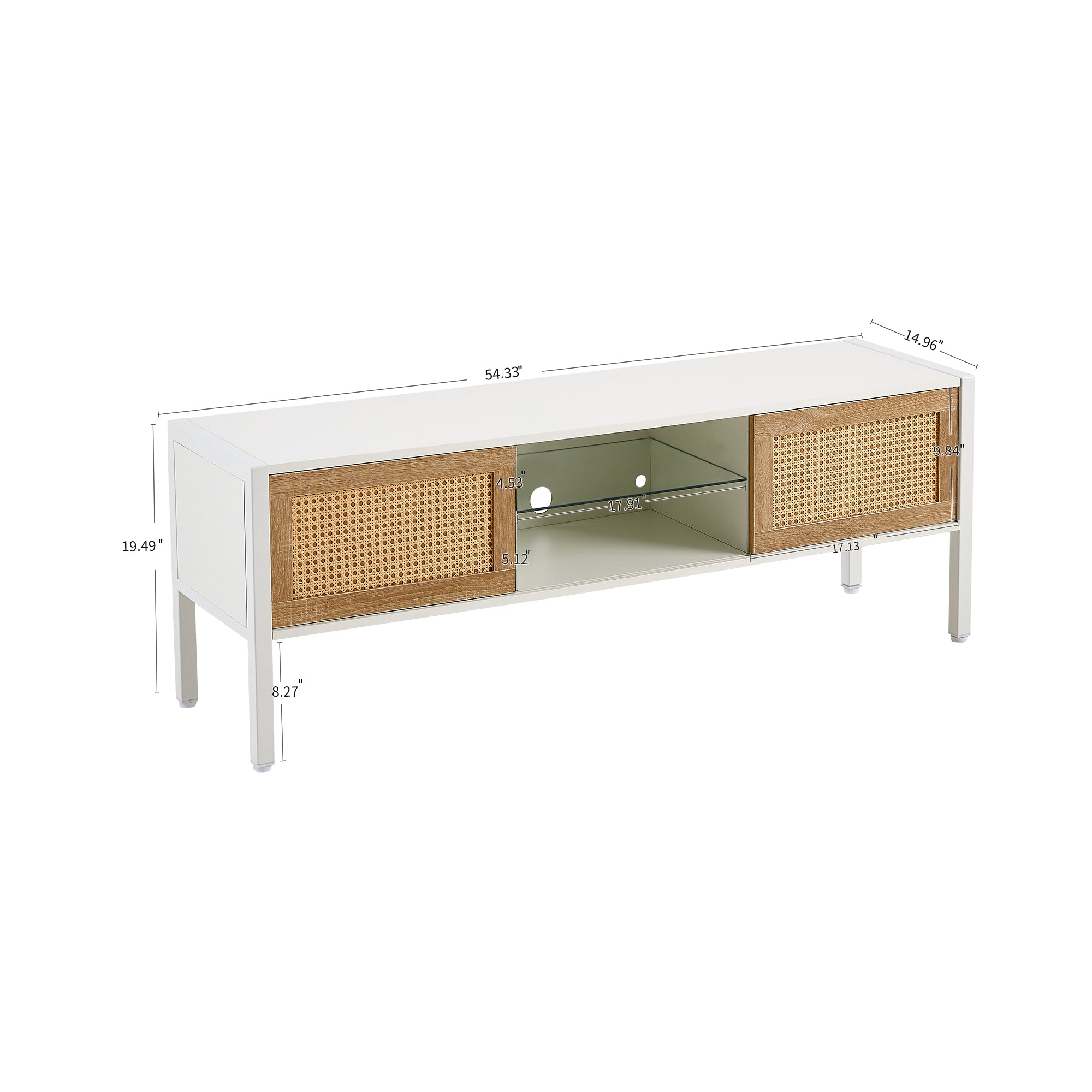 HAOYYE Rattan TV Cabinet with Adjustable Shelf and Variable Color Light Strip, Double Sliding Doors for Storage, Metal Legs, Durable and Space-Saving, Modern TV Console for Living Room, White