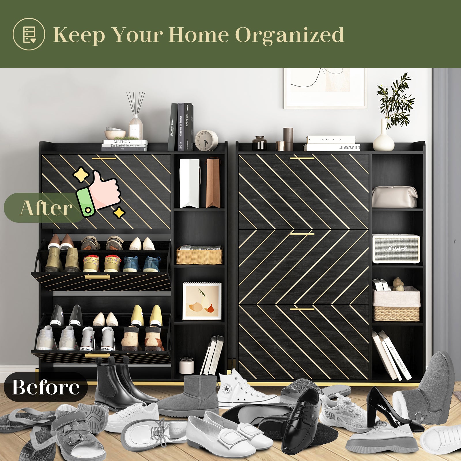 HAOYYE Modern Slim Shoe Cabinet With 3 Flip Drawers And Open Shelves, Wood Freestanding Shoe Organizer, Narrow Hidden Shoe Storage For Heels, Boots, And Slippers, Sturdy Entryway Shoe Rack For Entrance