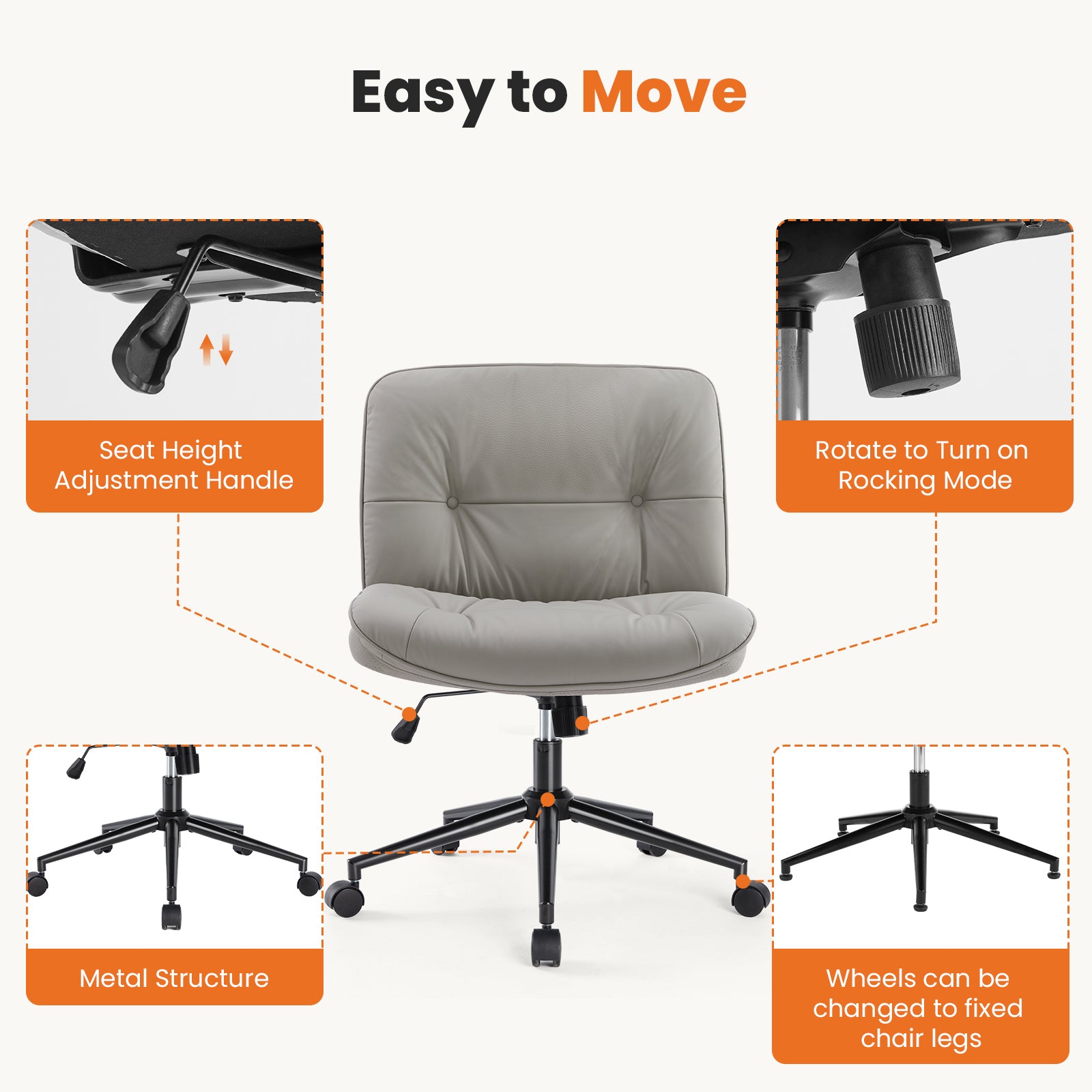 HAOYYE Criss Cross Legged Chair, Armless Office Desk Wide Seat Wheels, Swivel Height Adjustable Comfy Sturdy Space-Saving Heavy Duty Modern Design Adults Dorm Room Easy Assembly Bedroom Furniture