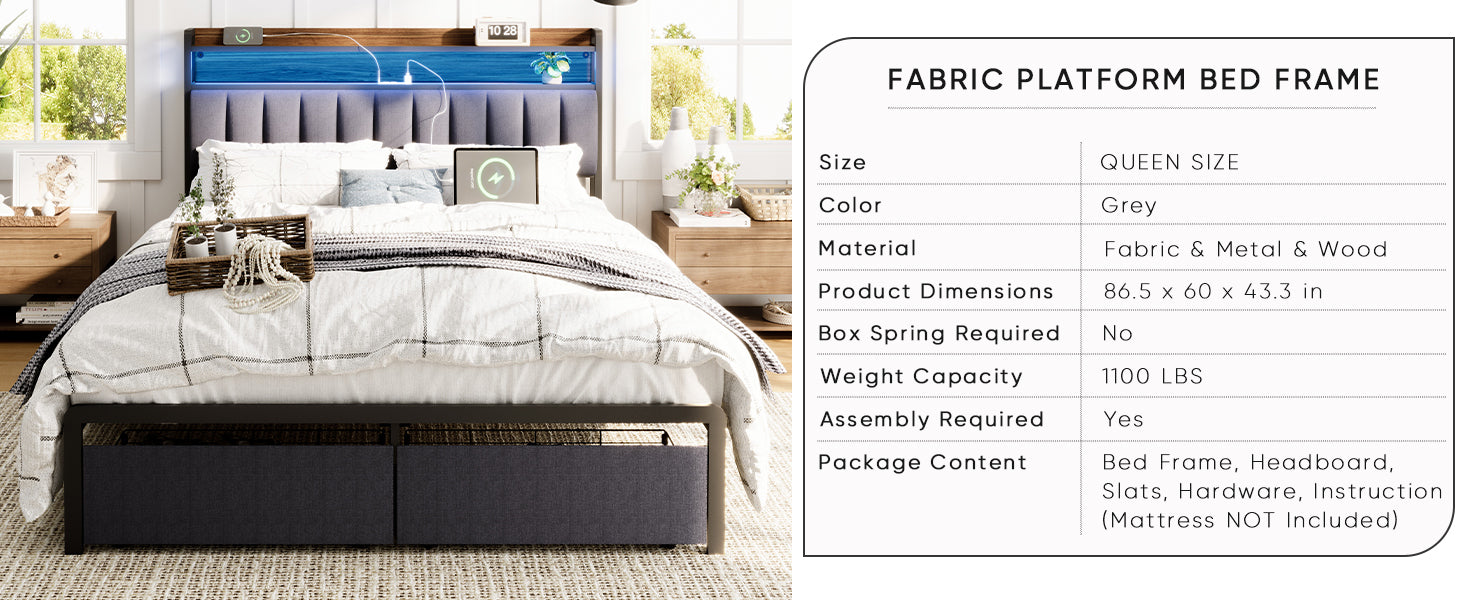 HAOYYE Queen Bed Frame with Storage Headboard and Drawers, LED Upholstered Platform Bed Frame with Built-in Charging Station, No Box Spring Needed, Easy Assembly, Sturdy and Space-Saving Design in Grey for Adults