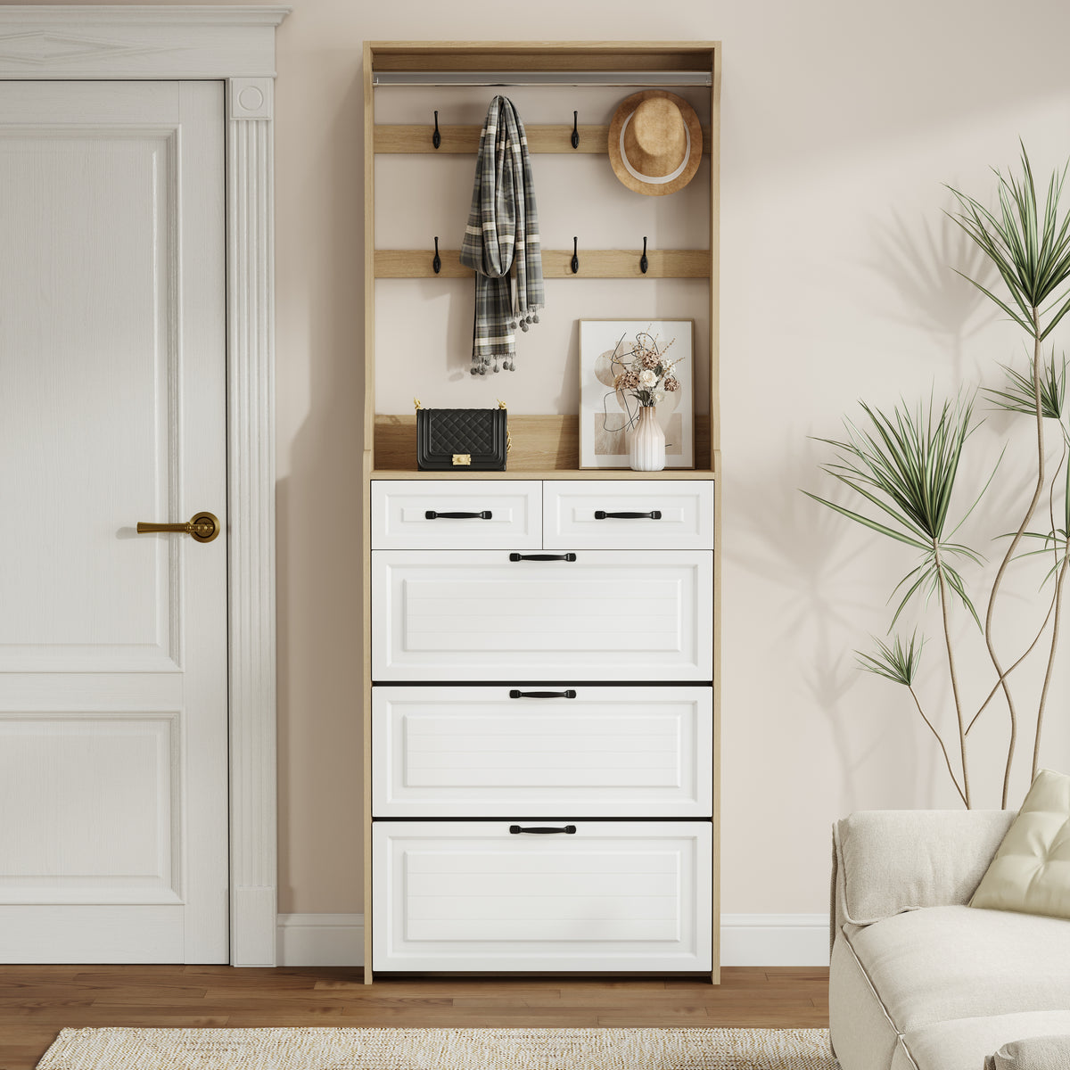 HAOYYE Oak Shoe Cabinet With 3 Doors And 2 Drawers, Large Storage Capacity With Hanger, Modern Sturdy Space-Saving Design For Bedrooms, Dorm Rooms, And Entryways, Heavy Duty And Easy To Assemble