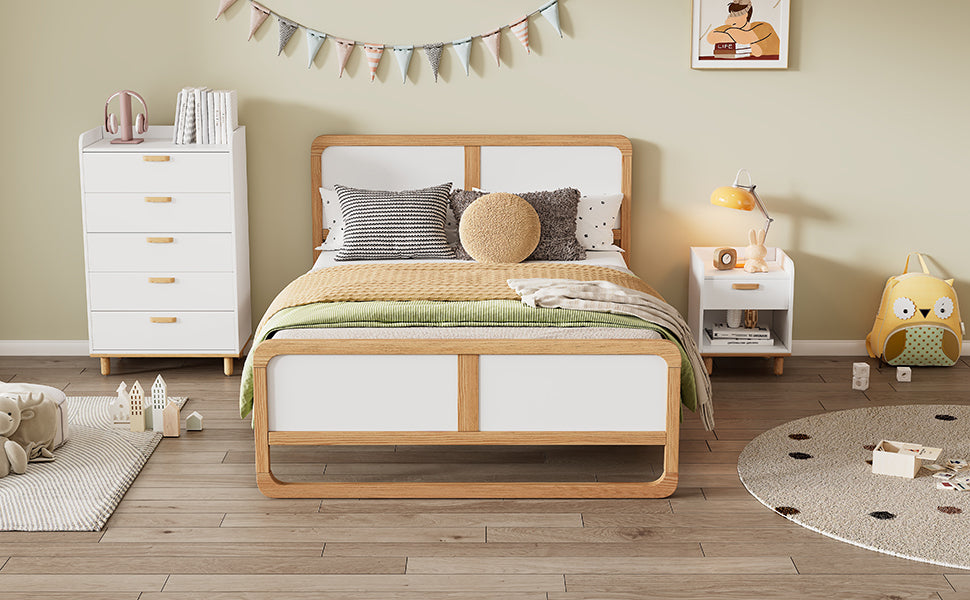 HAOYYE Modern Style Queen Size Solid Wood Platform Bed for , Teens, Adults, No Need Box Spring, Walnut and White Sturdy Space-Saving Heavy Duty Modern Design Dorm Room Easy Assembly Bedroom Furniture