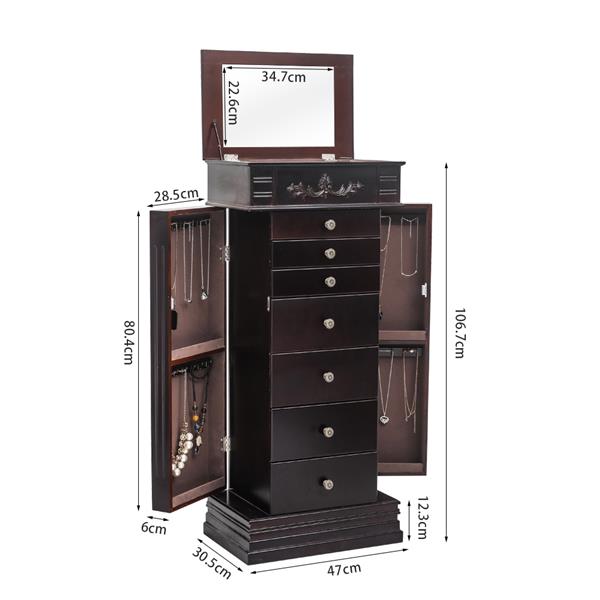 HAOYYE Jewelry Armoire with Mirror 8 Drawers 16 Necklace Hooks and 2 Side Swing Doors Freestanding Jewelry Cabinet with Ring Box