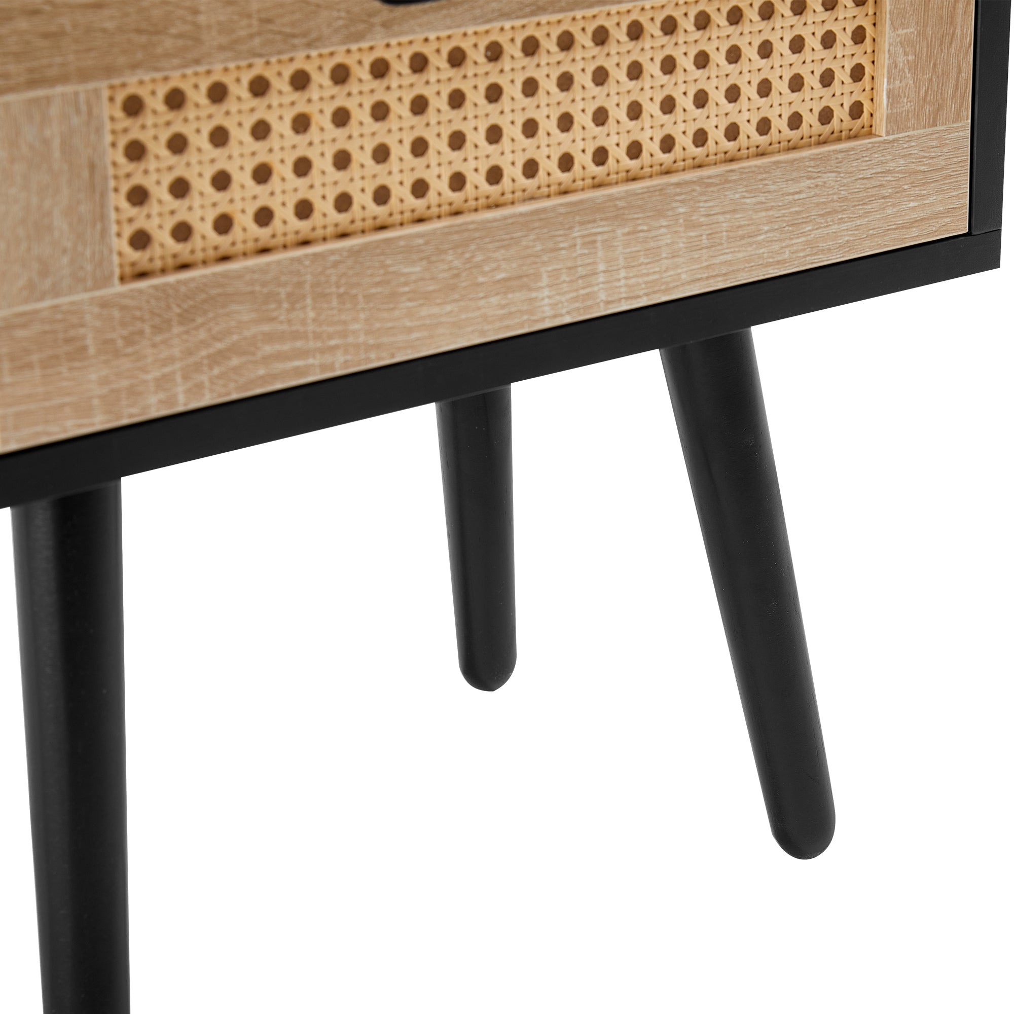 HAOYYE Rattan End Table with Drawer and Solid Wood Legs, Modern Nightstand, Side Table for Living Room, Bedroom, Black, Sturdy and Space-Saving Design, Heavy Duty Construction, Easy Assembly for Adults and Dorm Rooms