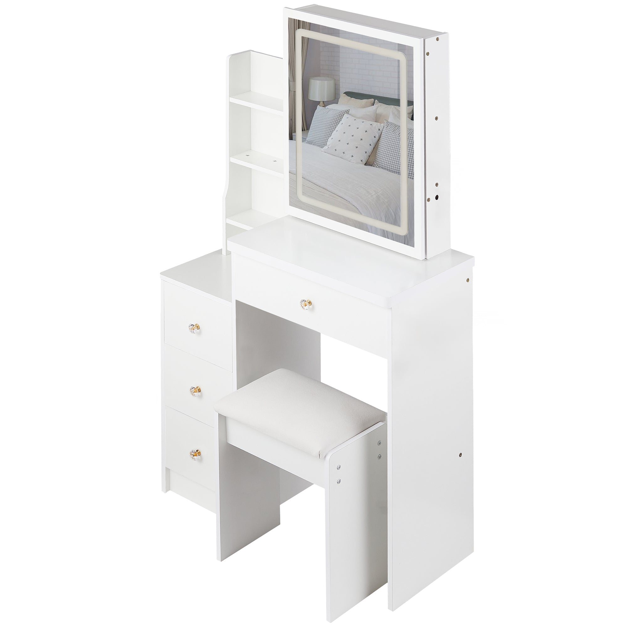 HAOYYE Small Size Left Bedside Cabinet Vanity Table + Cushioned Stool, Touch Control Sliding LED Mirror, Tri-color Switching, Brightness Adjust, Multi Layer, Suitable for Small Space, EPA,GCC,UL Certificate