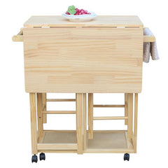 HAOYYE Square Solid Wood Folding Dining Cart with 2 Free Stools Expandable Drop Leaf Table with Drawers and Wheels for Small Spaces