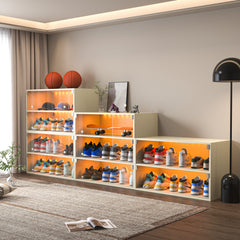 Haoyye Off White Glass Door Shoe Storage Cabinet with RGB LED Light, Modern Stackable Sneaker Display Case with Remote and App Control, USB Powered Shoe Organizer for Bedroom, Entryway or Living Room, Stylish Space-Saving Freestanding Furniture