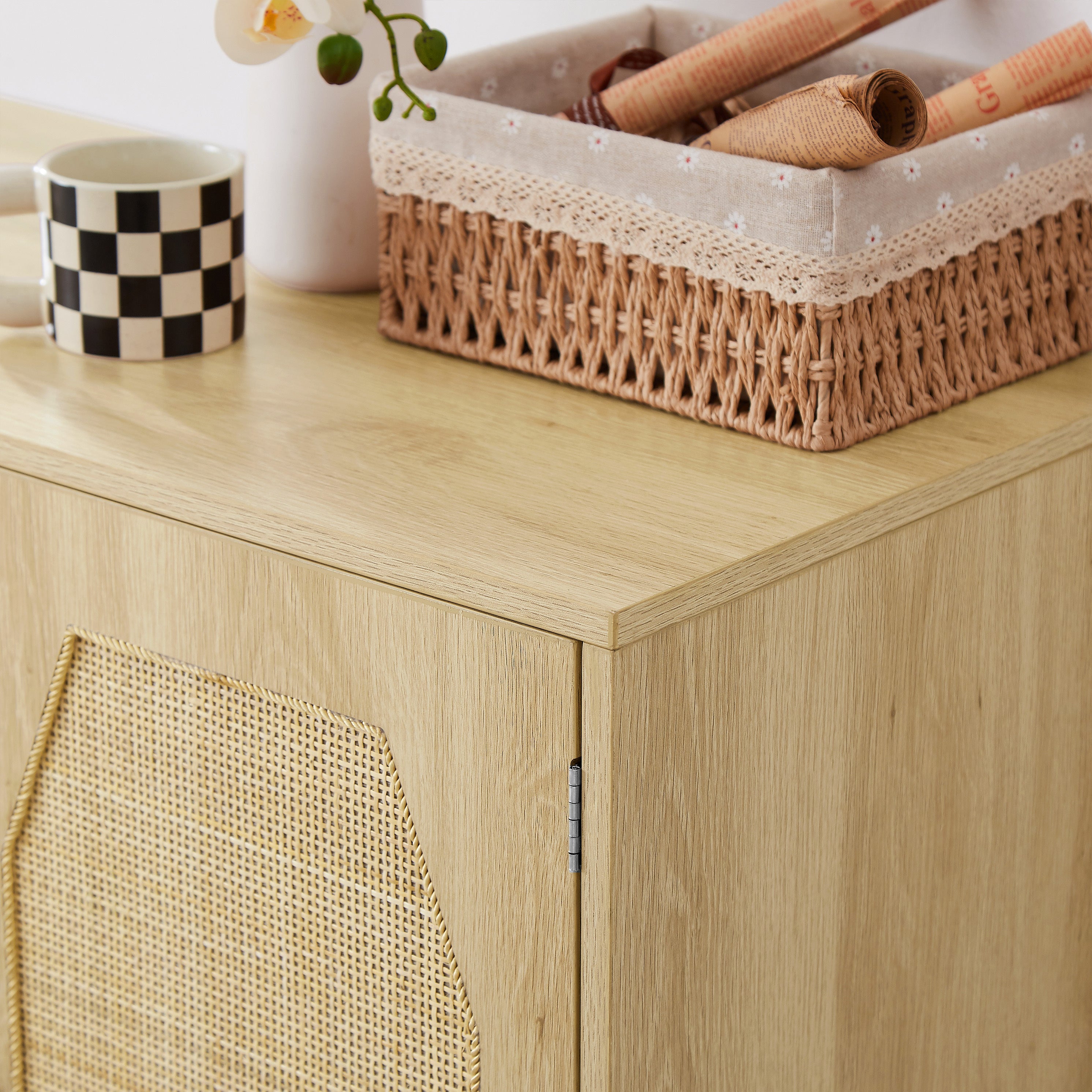 HAOYYE Kitchen storage cabinets with rattan decorative doors, buffets, wine cabinets, dining rooms, hallways, cabinet console tables, Natural, Sturdy Space-Saving Heavy Duty