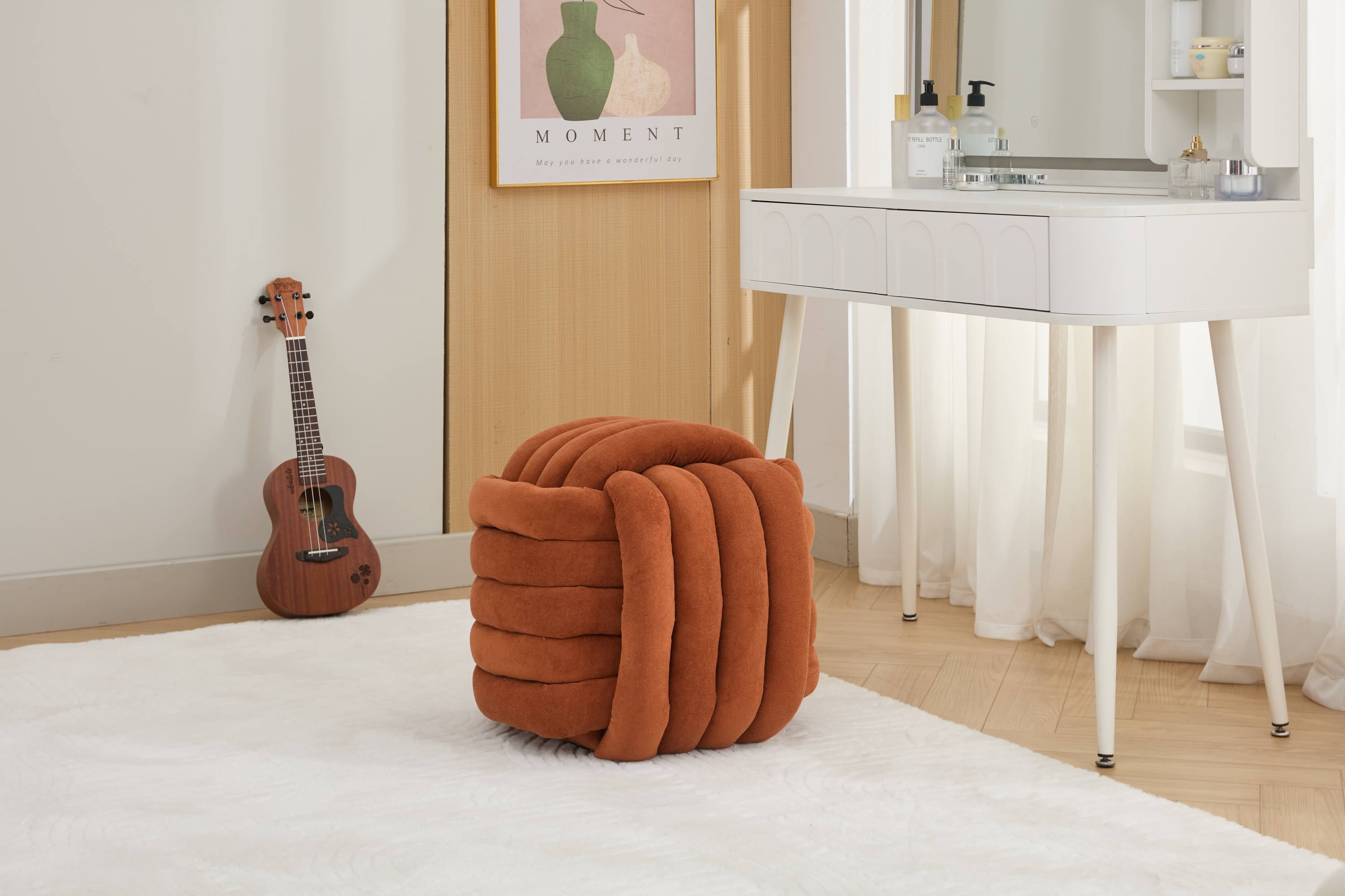 Haoyye Modern Chenille Fabric Knot Design Ottoman Makeup Stool Footstool, Comfortable and Stylish Seat, Perfect for Living Room and Bedroom, Space-Saving Heavy Duty Construction, Durable Furniture for Adults Dorm Room