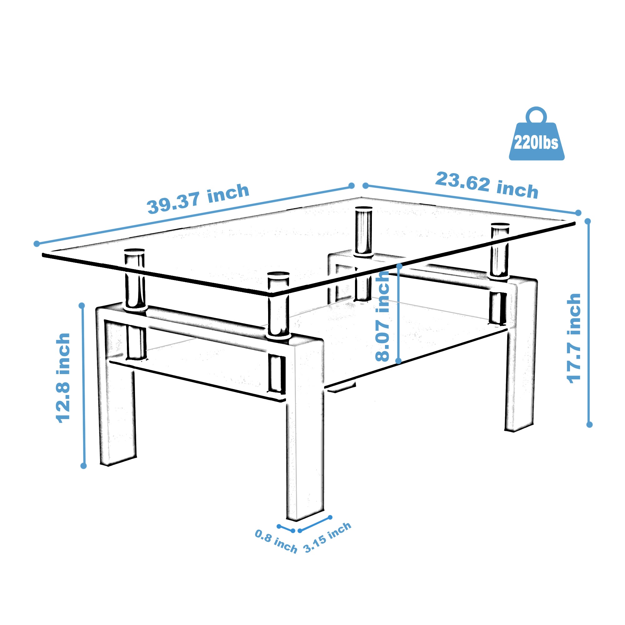 Haoyye Rectangle Black Glass Coffee Table, Clear Modern Coffee Table, Side Center Table for Living Room Furniture, Sturdy Heavy Duty Space-Saving Design, Adults Dorm Room, Easy Assembly
