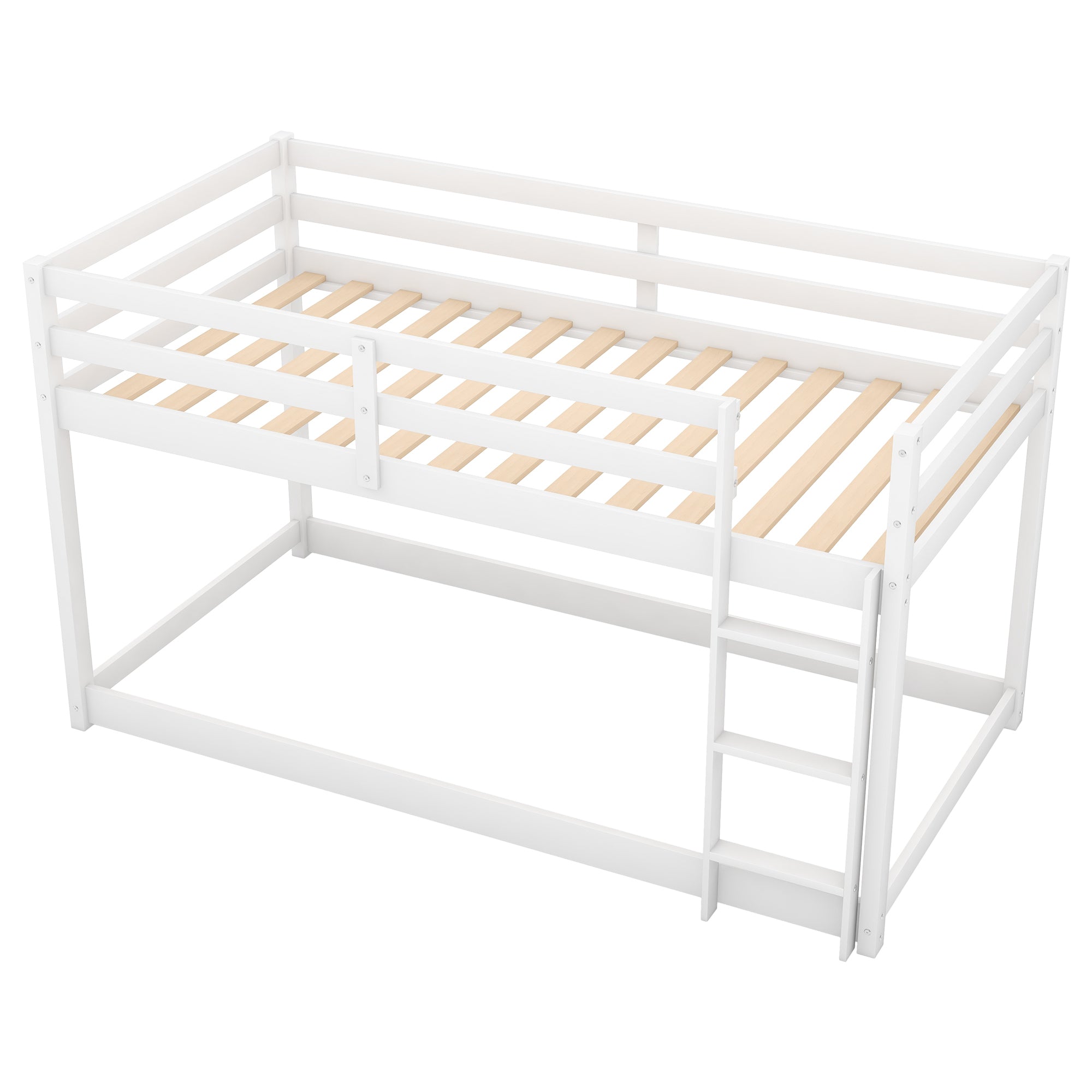 HAOYYE Twin over Twin Floor Bunk Bed with Ladder , White(Old SKU:WF281727AAK/WF286602AAK) Sturdy Space-Saving Heavy Duty Modern Design Adults Dorm Room Easy Assembly Bedroom Furniture