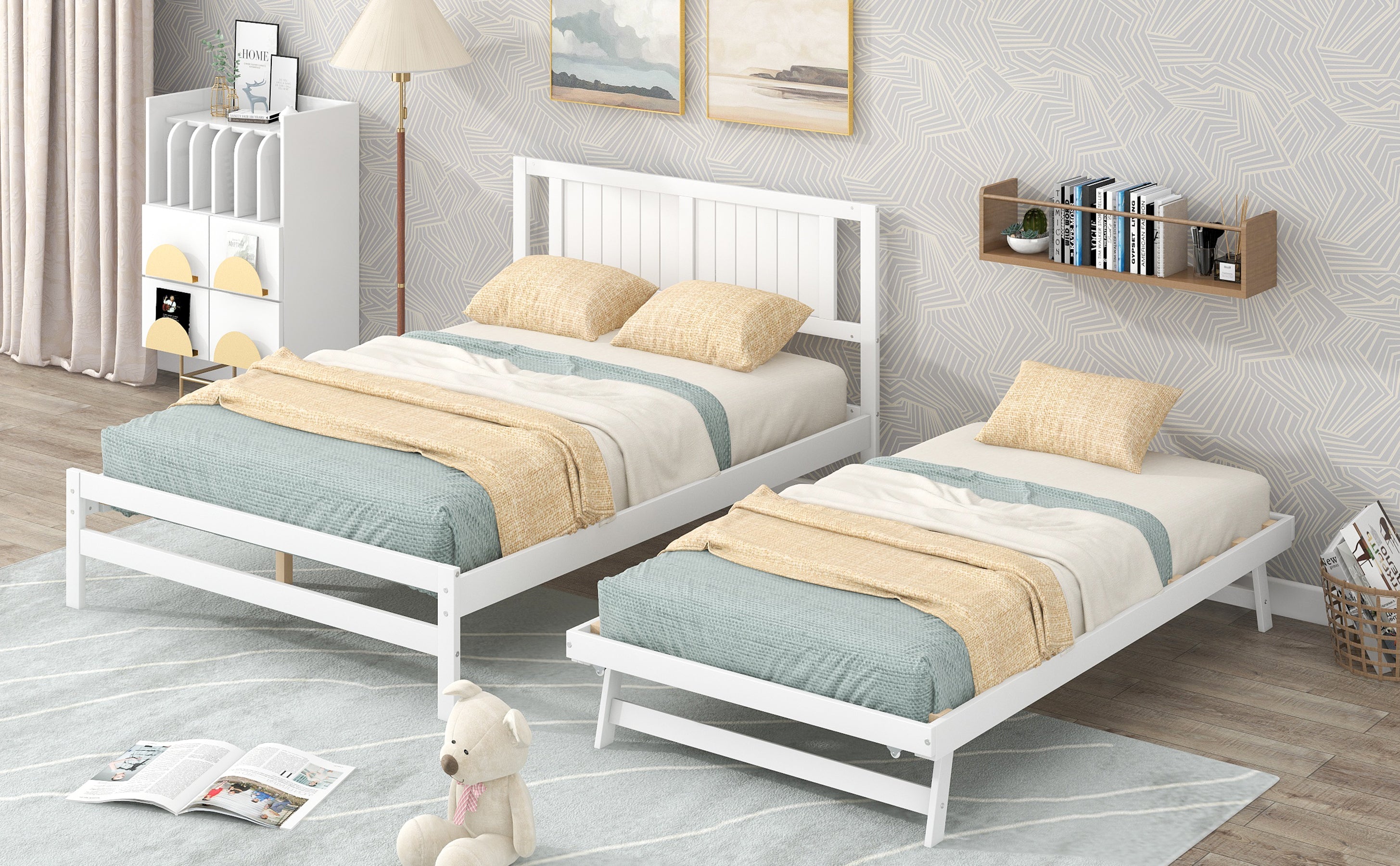 HAOYYE Full Size Platform Bed with Adjustable Trundle, White, Space-Saving Modern Design, Sturdy and Heavy-Duty Wood Frame, Ideal for Guest Room, Apartment, or Dorm, Easy Assembly Bedroom Furniture