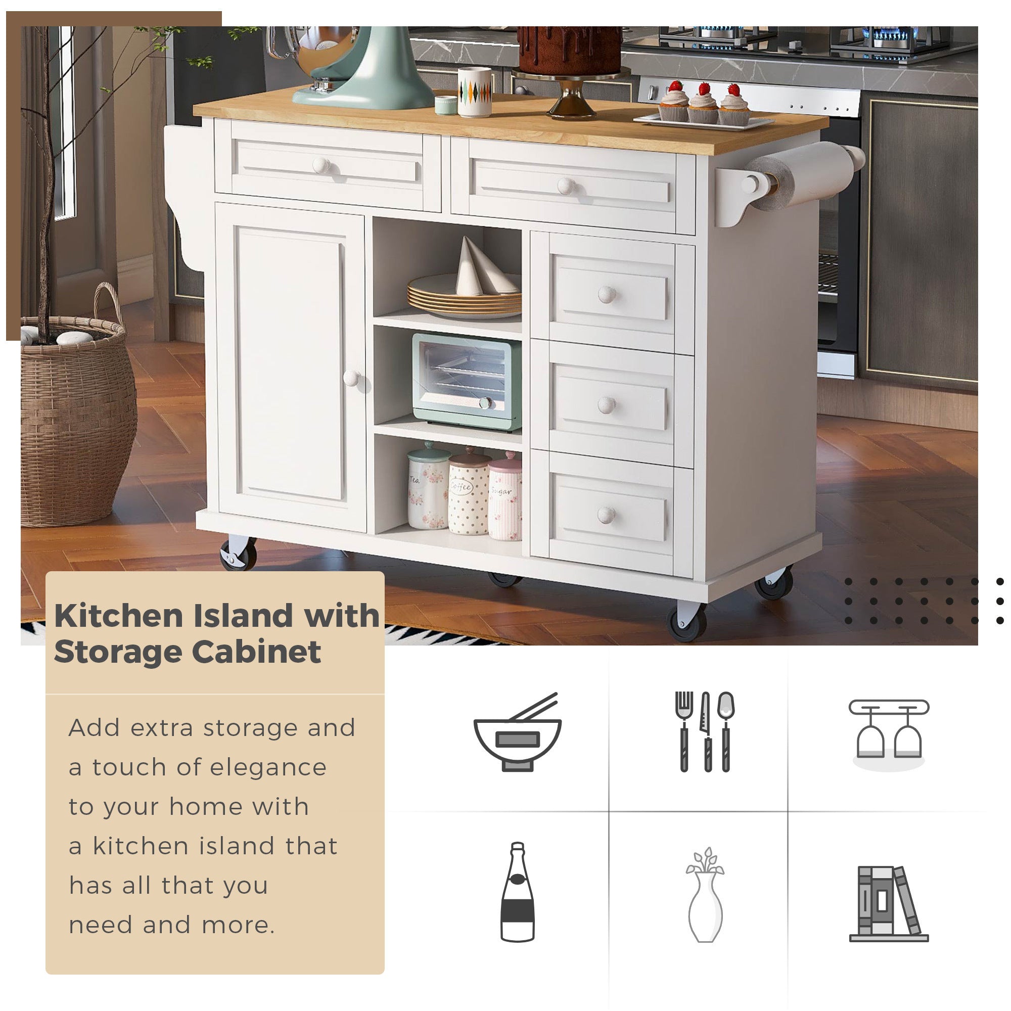 HAOYYE Kitchen cart with Rubber wood desktop rolling mobile kitchen island with storage and 5 draws 53 Inch length(White) Sturdy Space-Saving Heavy Duty Modern Design Adults Dorm Room Easy Assembly