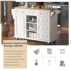 HAOYYE Kitchen cart with Rubber wood desktop rolling mobile kitchen island with storage and 5 draws 53 Inch length(White) Sturdy Space-Saving Heavy Duty Modern Design Adults Dorm Room Easy Assembly
