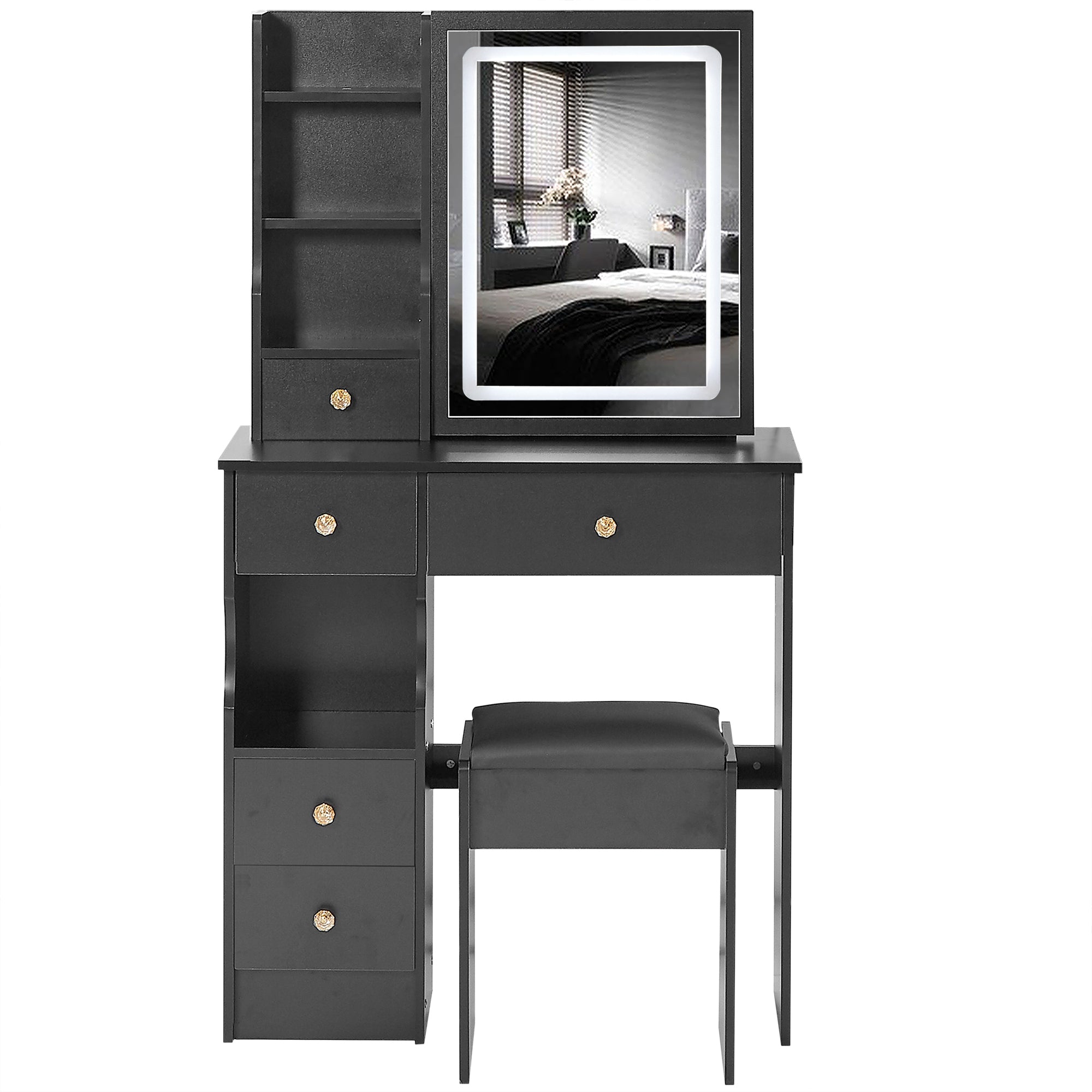 HAOYYE Small Size Left Drawer Desktop Vanity Table + Cushioned Stool, Touch Control Sliding LED Mirror, Tri-color Switching, Brightness Adjust, Multi Layer, Suitable for Small Space, EPA,GCC,UL Certificate