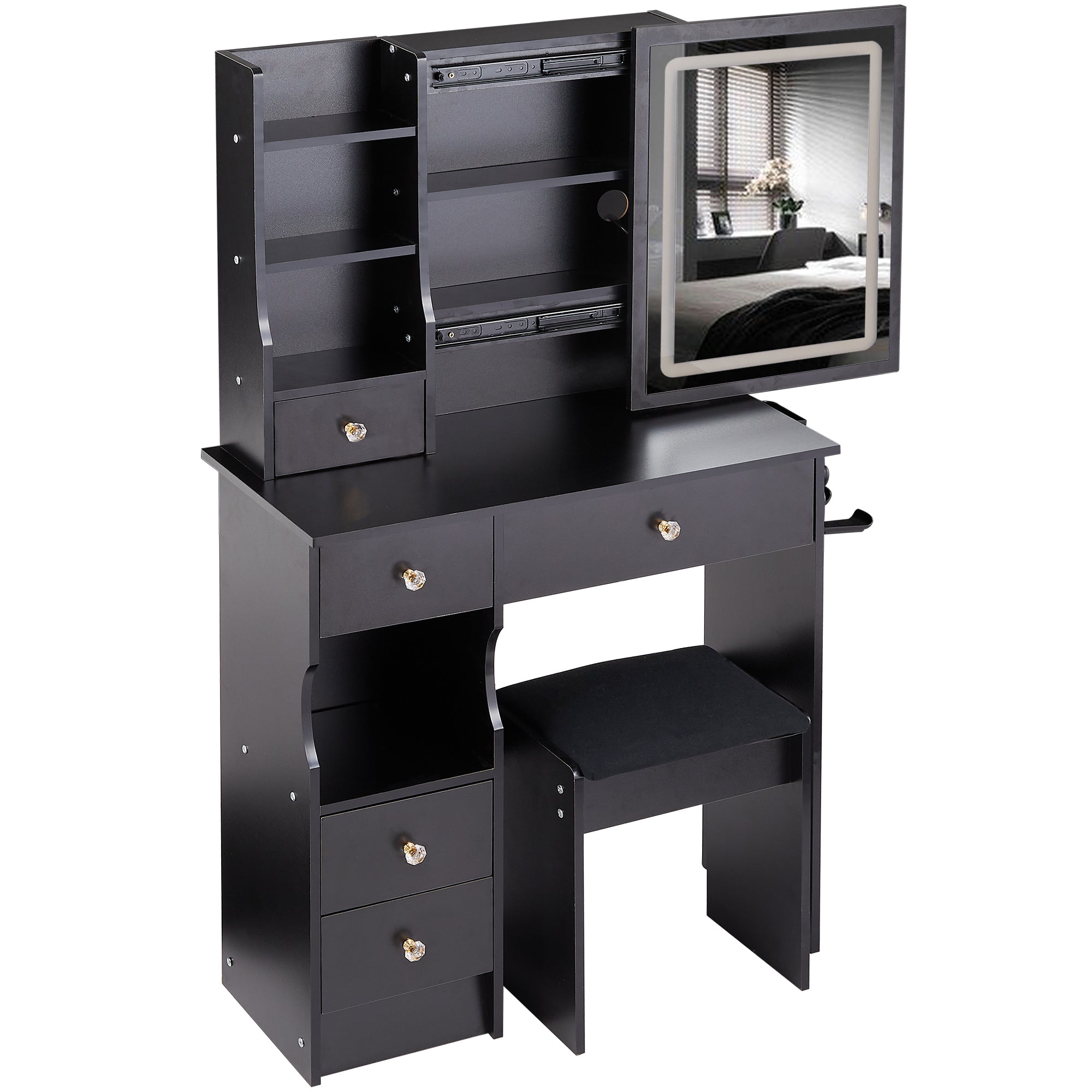 HAOYYE Small Size Left Drawer Desktop Vanity Table + Cushioned Stool, 2 AC+2 USB Power Station, Hair dryer bracket, Extra Large Touch Control Sliding LED Mirror, Tri-color Switching, EPA,GCC,UL Certificate