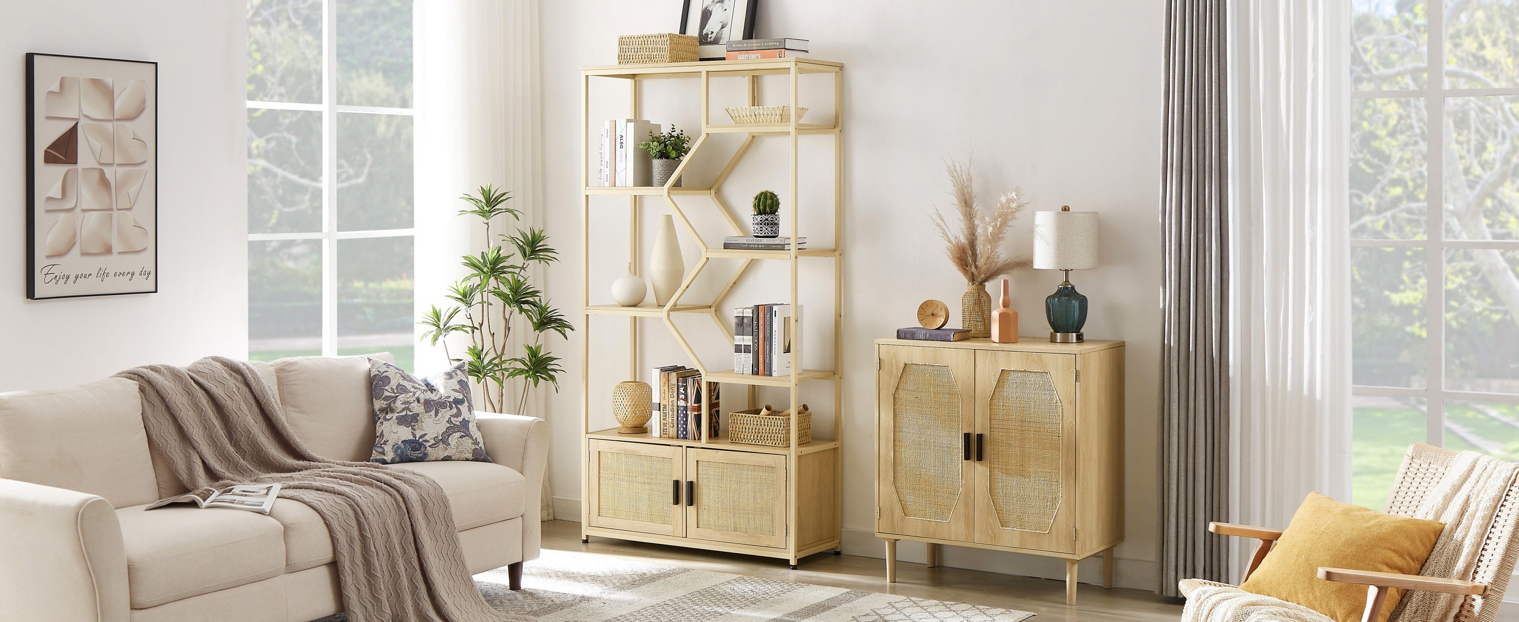 HAOYYE Rattan bookshelf 7 tiers Bookcases Storage Rack with cabinet for Living Room Home Office, Natural, 39.4'' W x 13.8'' D x 75.6'' H. Sturdy Space-Saving Heavy Duty Modern Design Adults Dorm Room