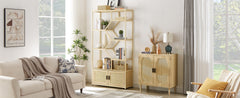 HAOYYE Rattan bookshelf 7 tiers Bookcases Storage Rack with cabinet for Living Room Home Office, Natural, 39.4'' W x 13.8'' D x 75.6'' H. Sturdy Space-Saving Heavy Duty Modern Design Adults Dorm Room